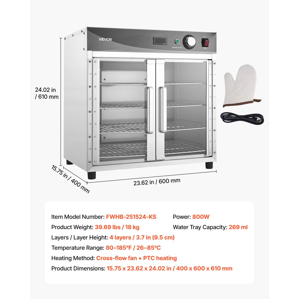 VEVOR Electric Hot Box Food Warmer, 4-Tier Commercial Warming Cabinet with Water Tray, Glass Door and Adjustable Shelves, Stainless Steel Food Warmer Cabinet, for Restaurant, Kitchen, Pizza, Chicken