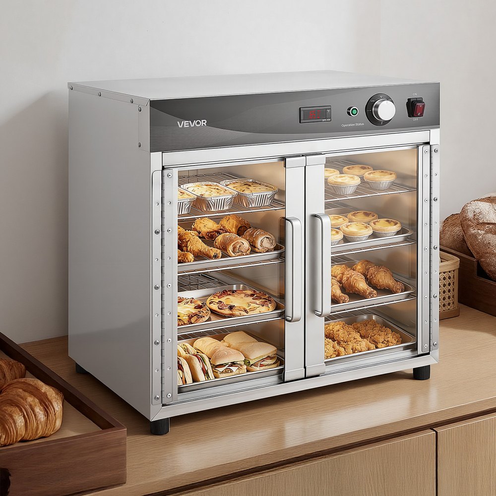 VEVOR Electric Hot Box Food Warmer, 4-Tier Commercial Warming Cabinet with Water Tray, Glass Door and Adjustable Shelves, Stainless Steel Food Warmer Cabinet, for Restaurant, Kitchen, Pizza, Chicken