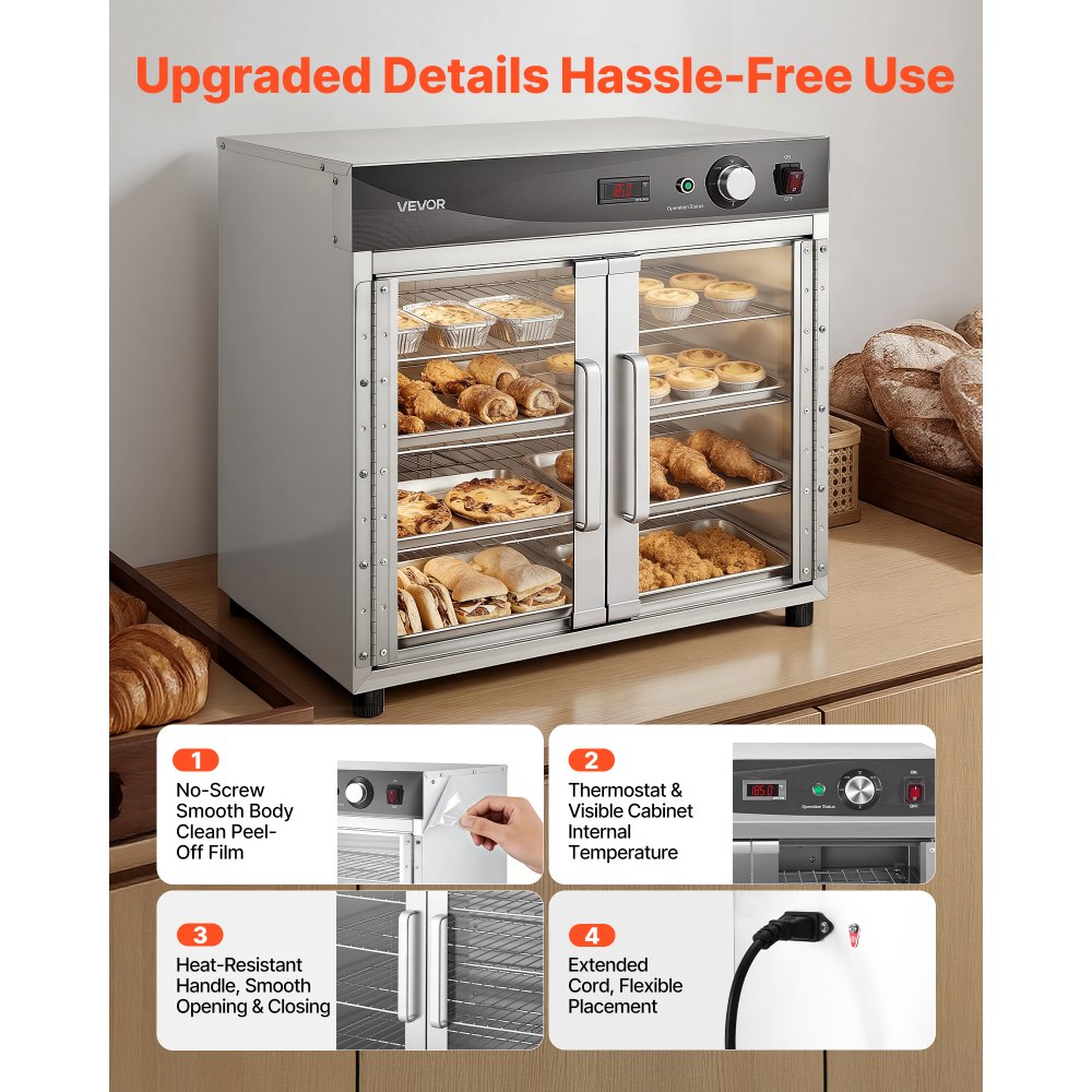 VEVOR Electric Hot Box Food Warmer, 4-Tier Commercial Warming Cabinet with Water Tray, Glass Door and Adjustable Shelves, Stainless Steel Food Warmer Cabinet, for Restaurant, Kitchen, Pizza, Chicken