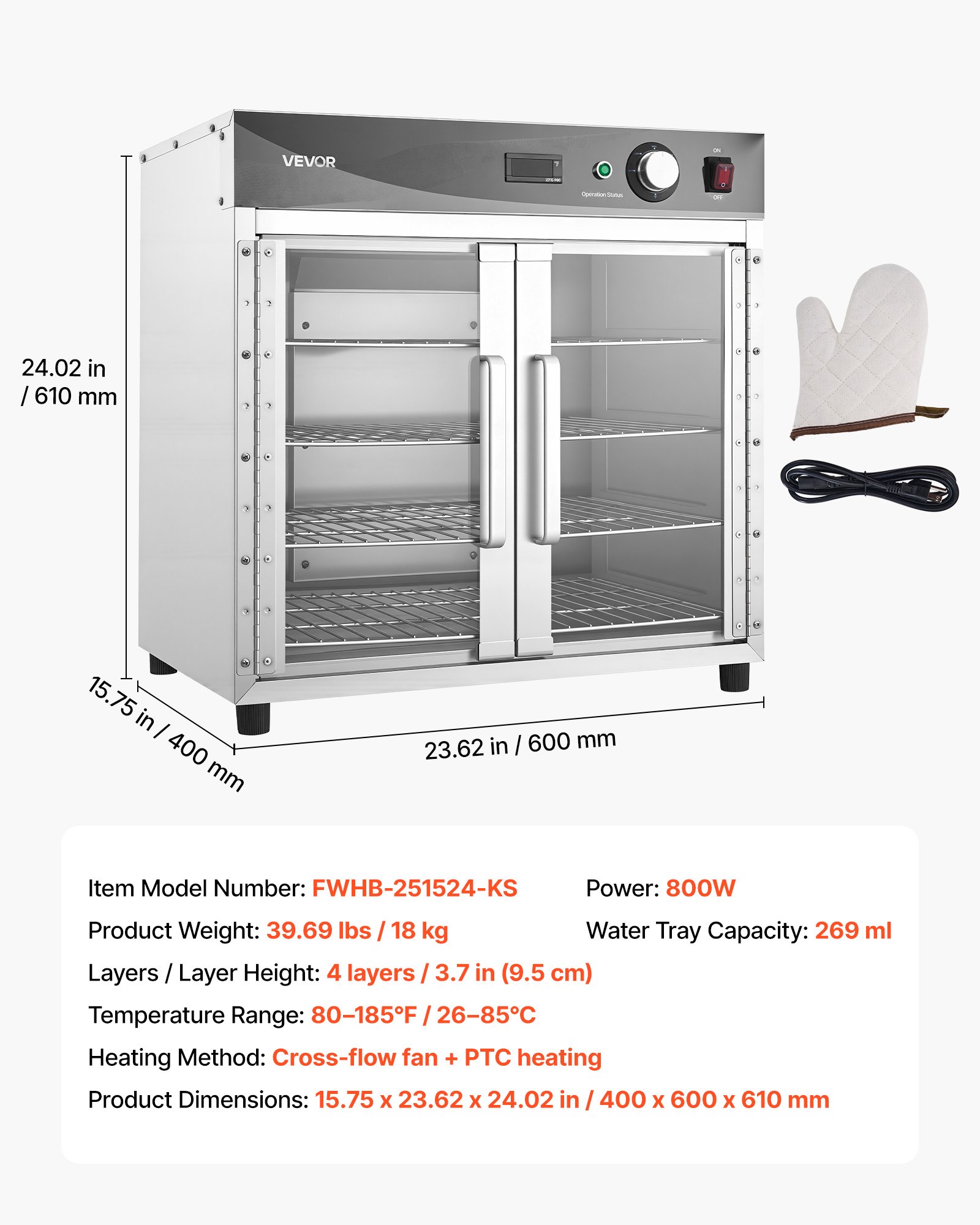 VEVOR Electric Hot Box Food Warmer, 4-Tier Commercial Warming Cabinet with Water Tray, Glass Door and Adjustable Shelves, Stainless Steel Food Warmer Cabinet, for Restaurant, Kitchen, Pizza, Chicken