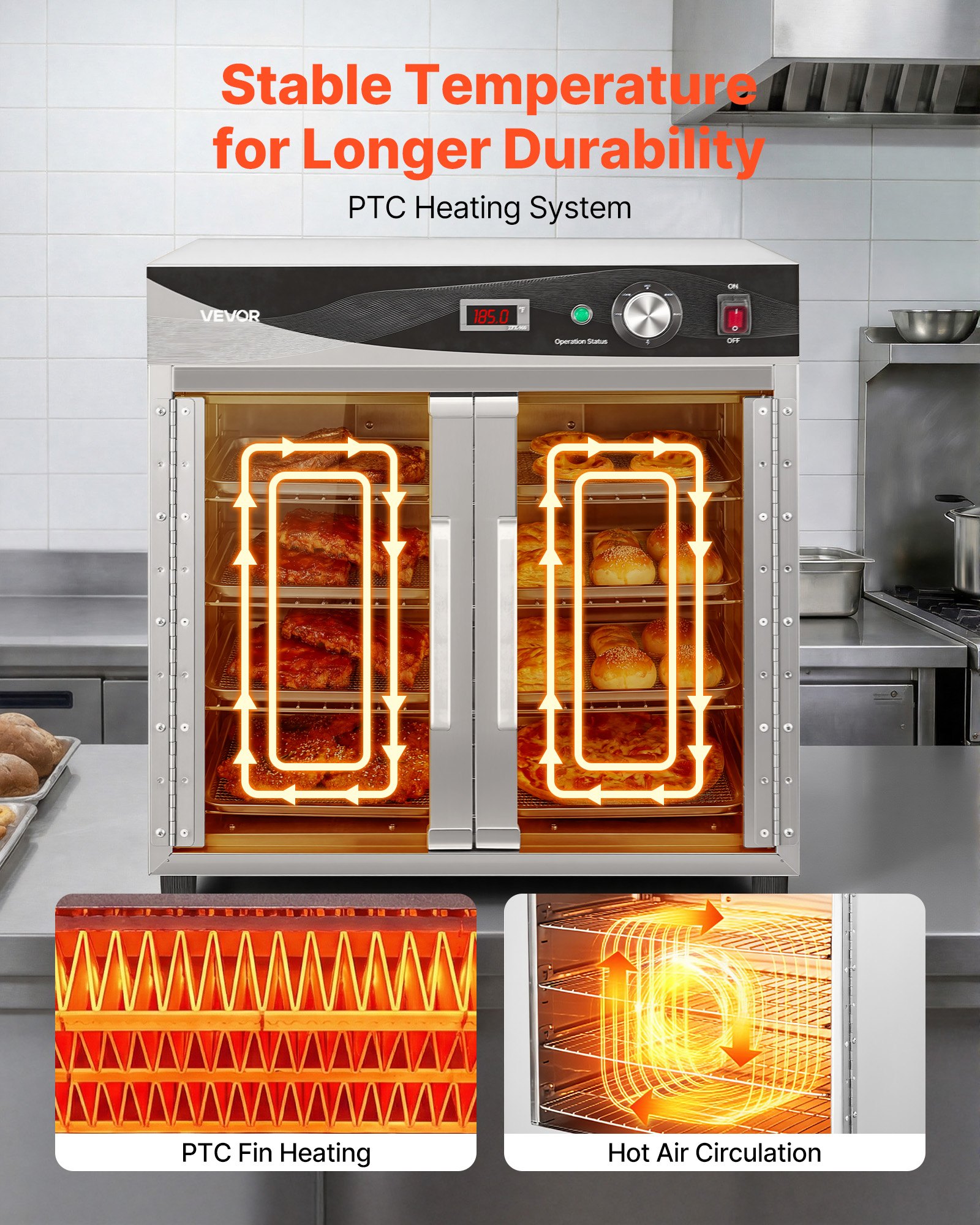 VEVOR Electric Hot Box Food Warmer, 4-Tier Commercial Warming Cabinet with Water Tray, Glass Door and Adjustable Shelves, Stainless Steel Food Warmer Cabinet, for Restaurant, Kitchen, Pizza, Chicken