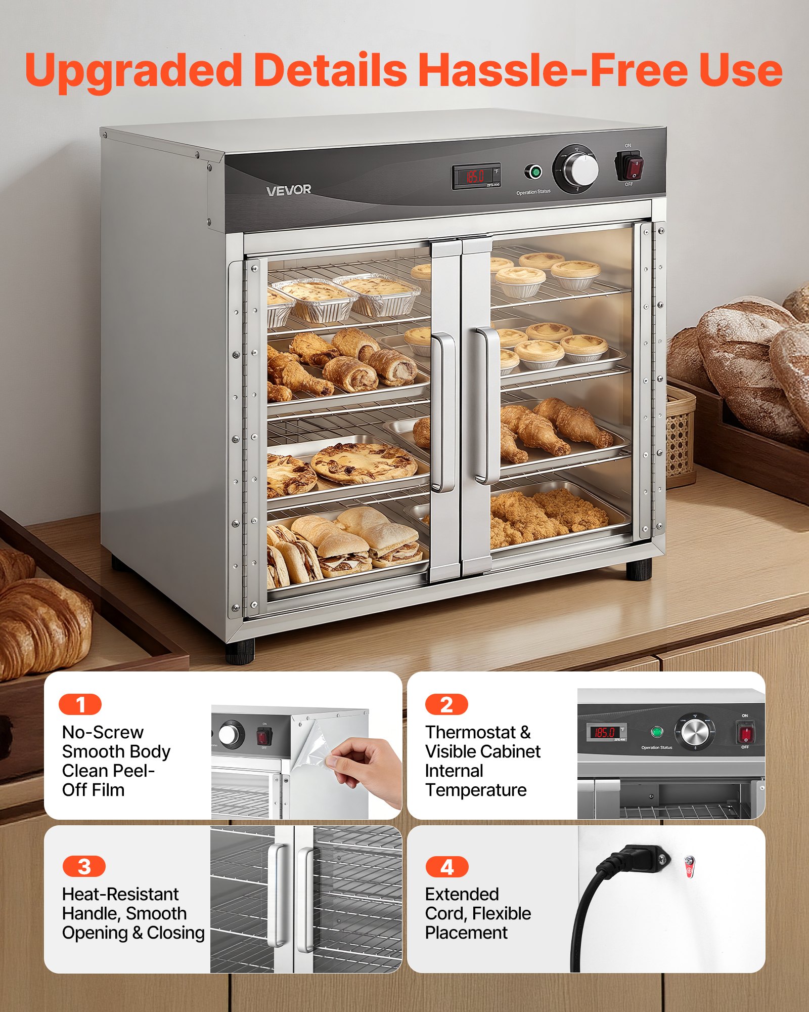 VEVOR Electric Hot Box Food Warmer, 4-Tier Commercial Warming Cabinet with Water Tray, Glass Door and Adjustable Shelves, Stainless Steel Food Warmer Cabinet, for Restaurant, Kitchen, Pizza, Chicken