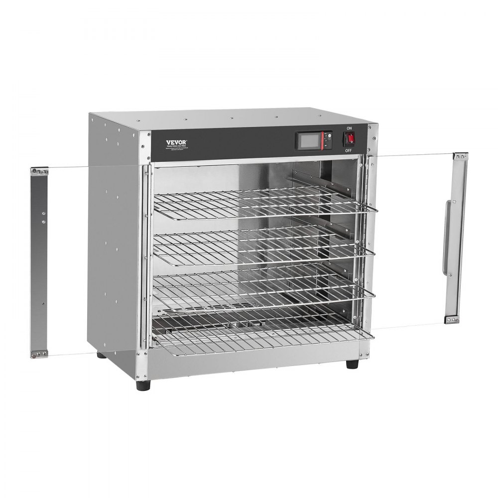 VEVOR Hot Box Food Warmer, 4-Tier Concession Warmer with Water Tray, 4 Pans, Glass Double-door and Adjustable Shelves, Stainless Steel Food Warmer Cabinet, Ideal for Storing Pizza, Chicken, Restaurant