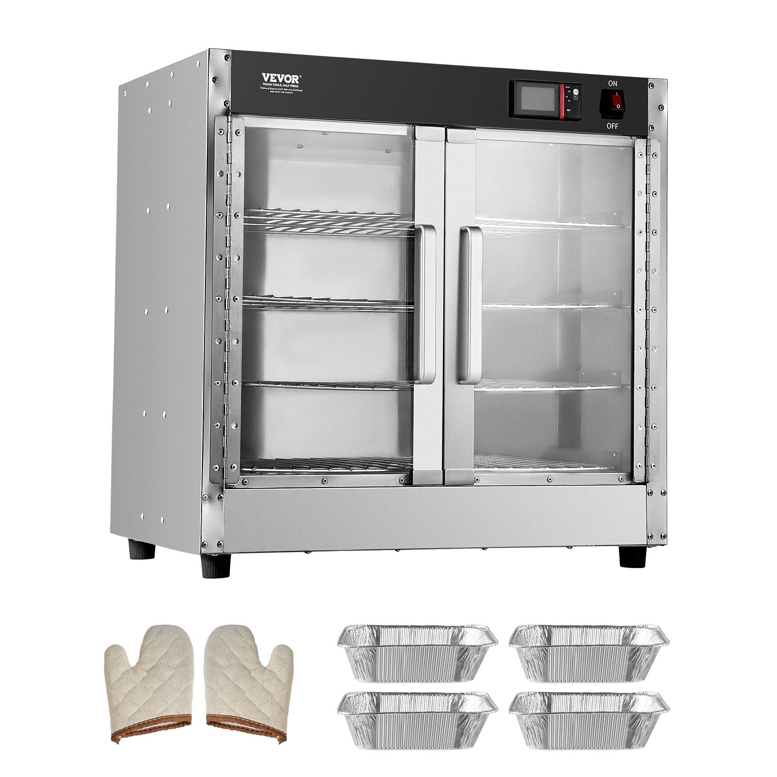 VEVOR Hot Box Food Warmer, 4-Tier Concession Warmer with Water Tray, 4 Pans, Glass Double-door and Adjustable Shelves, Stainless Steel Food Warmer Cabinet, Ideal for Storing Pizza, Chicken, Restaurant