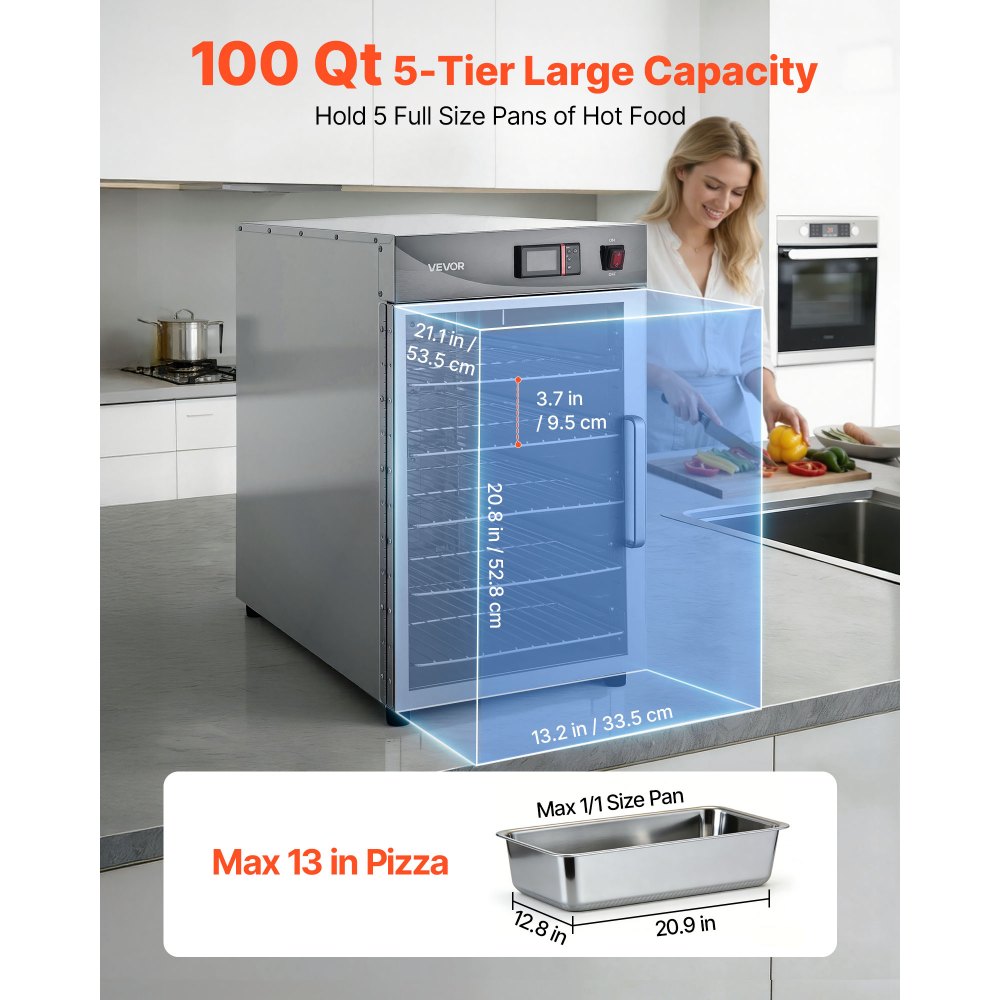 VEVOR Electric Hot Box Food Warmer, 5-Tier Commercial Warming Cabinet with Water Tray, Single-Door and Adjustable Shelves, Stainless Steel Food Warmer Cabinet, for Restaurant, Kitchen, Pizza, Chicken