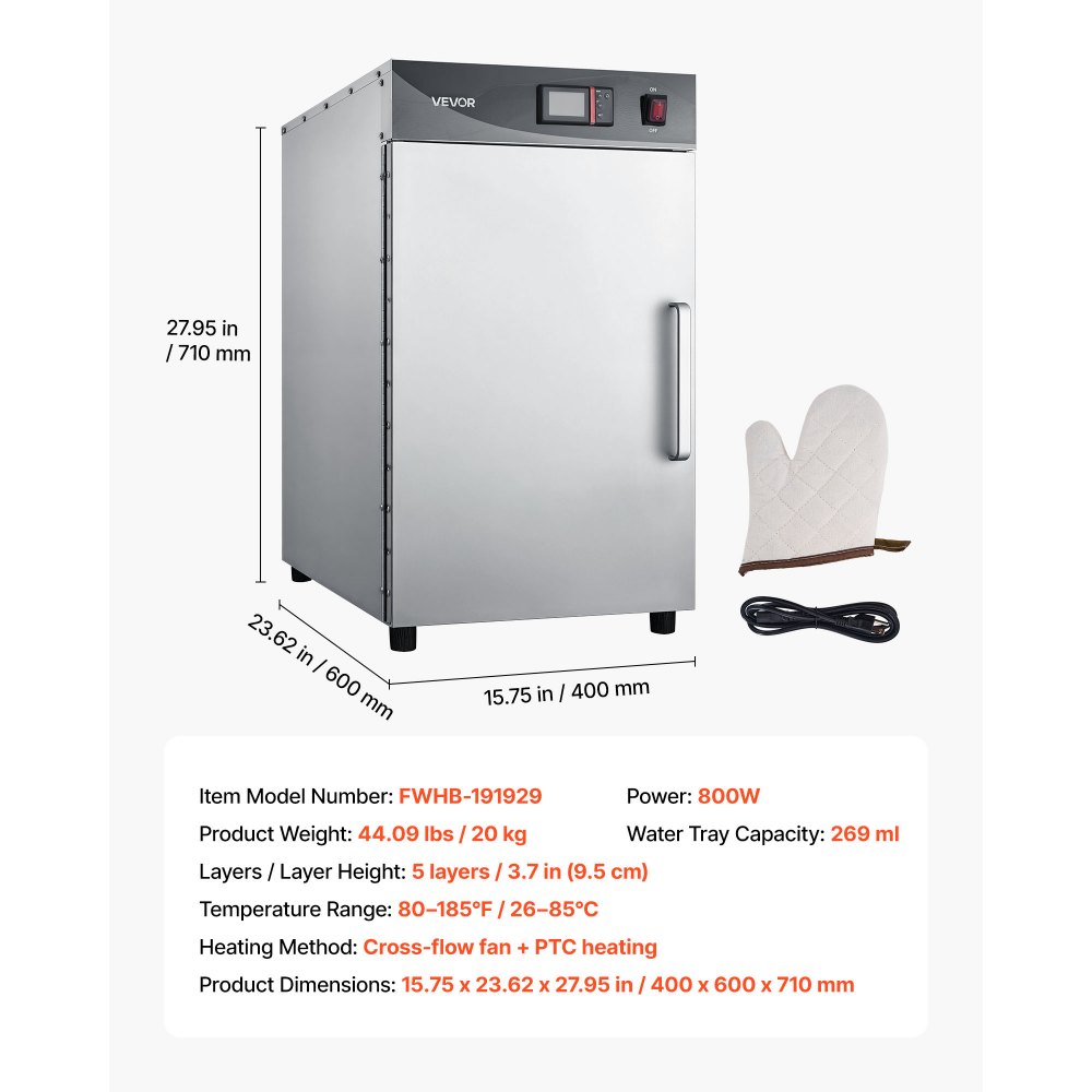 VEVOR Electric Hot Box Food Warmer, 5-Tier Commercial Warming Cabinet with Water Tray, Single-Door and Adjustable Shelves, Stainless Steel Food Warmer Cabinet, for Restaurant, Kitchen, Pizza, Chicken