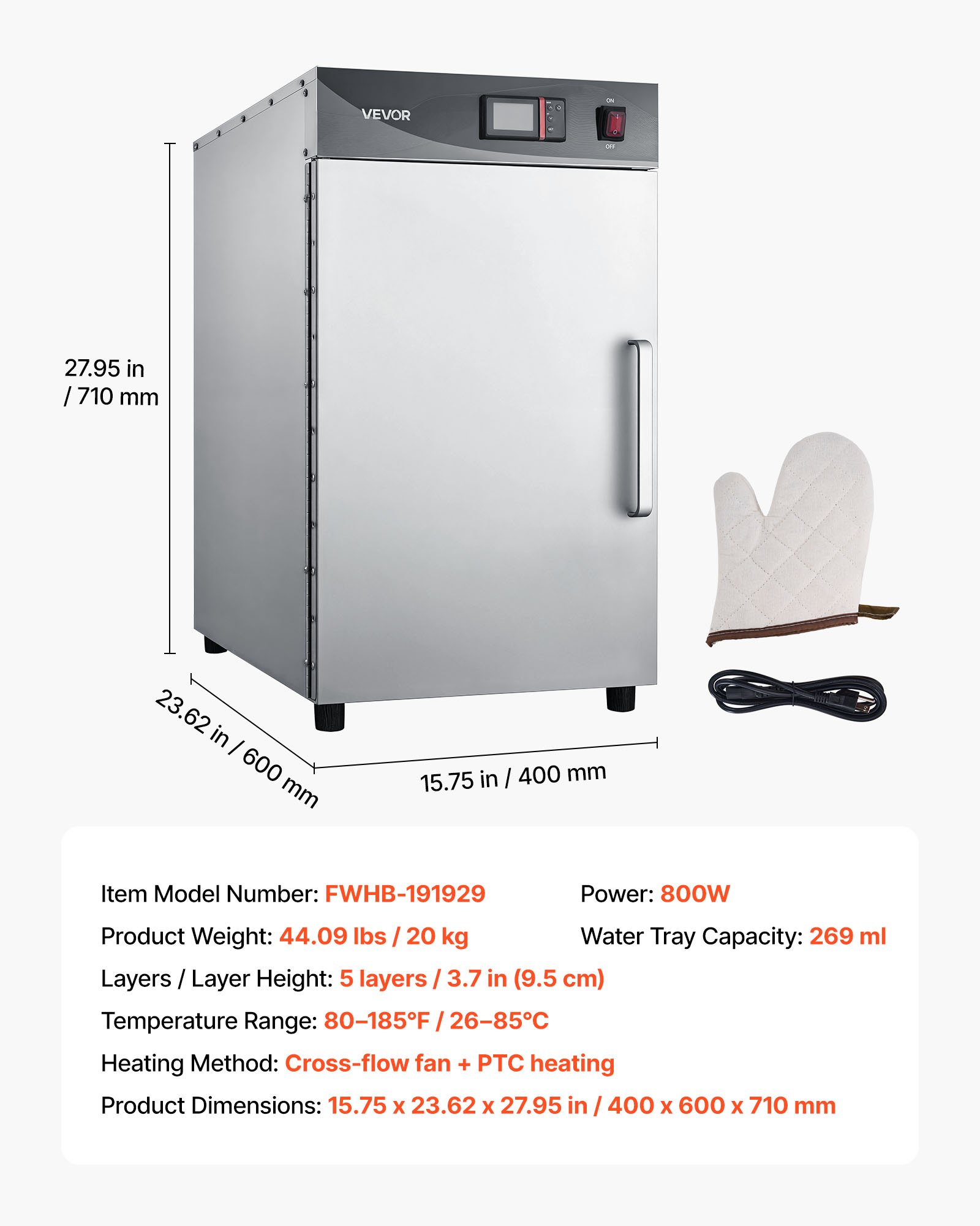 VEVOR Electric Hot Box Food Warmer, 5-Tier Commercial Warming Cabinet with Water Tray, Single-Door and Adjustable Shelves, Stainless Steel Food Warmer Cabinet, for Restaurant, Kitchen, Pizza, Chicken