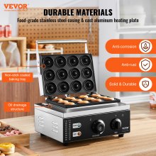 VEVOR Electric Donut Maker, 1550W Commercial Doughnut Machine with Non-stick Surface, 12 Hole Double-Sided Heating Waffle Machine Makes 12 Doughnuts, Temperature 122-572℉, for Restaurant & Home Use