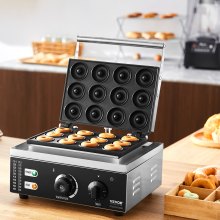 VEVOR Electric Donut Maker, 1550W Commercial Doughnut Machine with Non-stick Surface, 12 Hole Double-Sided Heating Waffle Machine Makes 12 Doughnuts, Temperature 122-572℉, for Restaurant & Home Use