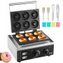 VEVOR electric donut maker with six freshly baked donuts, accessories, and colorful cleaning sponges.