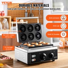 VEVOR Electric Donut Maker, 1550W Commercial Doughnut Machine with Non-stick Surface, 6 Holes Double-Sided Heating Waffle Machine Makes 6 Doughnuts, Temperature 122-572℉, for Restaurant and Home Use
