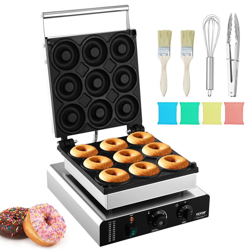 VEVOR Elektrisk donutmaskine, 2000 W kommerciel donutmaskine med non-stick overflade, 9 huller dobbeltsidet opvarmningsvaffelmaskine laver 9 donuts, temperatur 50-300 ℃, til restaurant og hjemmebrug