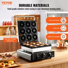 Máquina de donut elétrica VEVOR, máquina de donut comercial de 2.000 W com superfície antiaderente, máquina de waffle com aquecimento dupla face de 9 furos faz 9 donuts, temperatura 50-300 ℃, para restaurante e uso doméstico