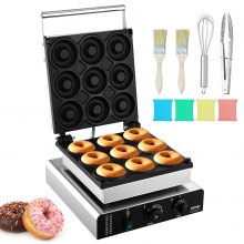 Máquina de donut elétrica VEVOR, máquina de donut comercial de 2.000 W com superfície antiaderente, máquina de waffle com aquecimento dupla face de 9 furos faz 9 donuts, temperatura 50-300 ℃, para restaurante e uso doméstico