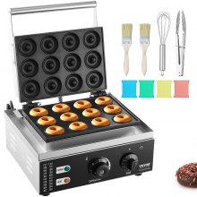 VEVOR sähköinen donitsikone, 1550 W:n kaupallinen donitsikone tarttumattomalla pinnalla, 12-reikäinen kaksipuolinen lämmitysvohvelikone tekee 12 munkkia, lämpötila 50-300 ℃, ravintola- ja kotikäyttöön