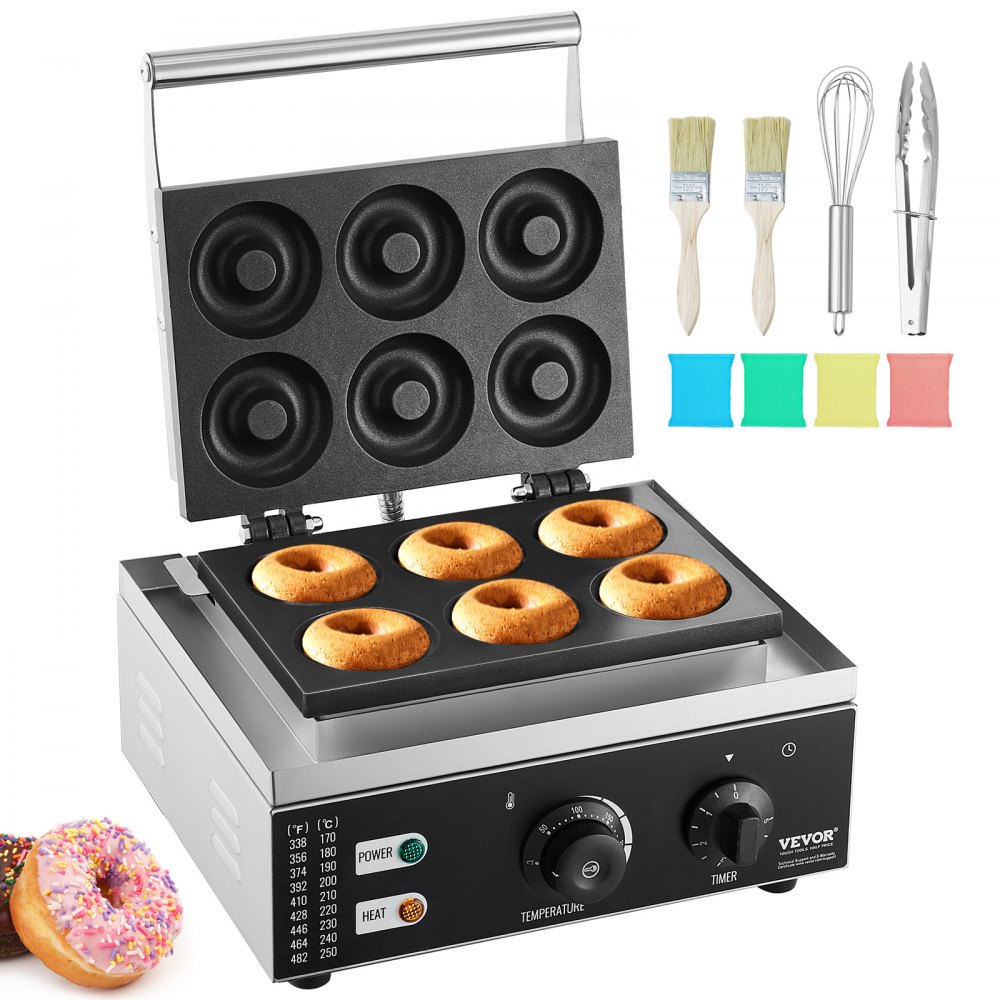 Máquina de donut elétrica VEVOR, máquina de donut comercial de 1550 W com superfície antiaderente, máquina de waffle com aquecimento dupla face de 6 furos faz 6 donuts, temperatura 50-300 ℃, para restaurante e uso doméstico