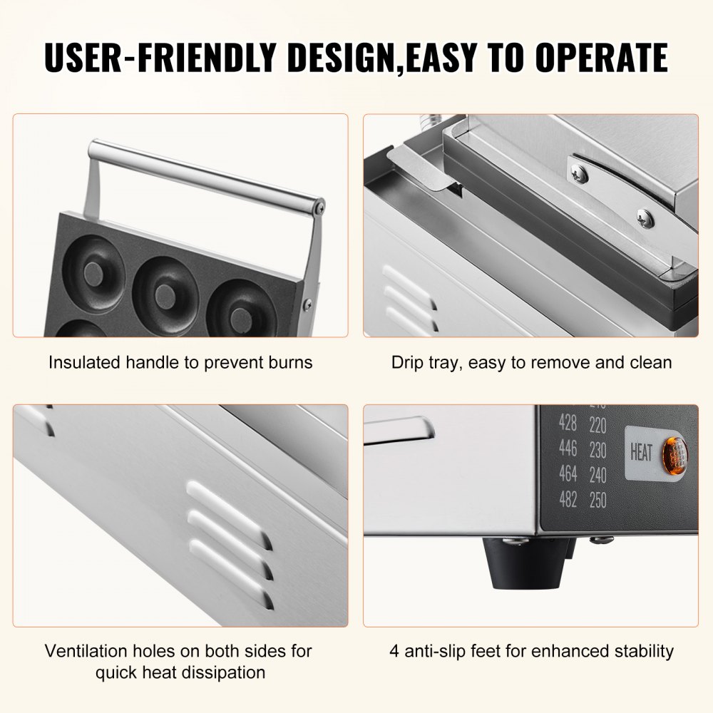 VEVOR elektrisk smultringmaskin, 1550W kommersiell smultringmaskin med non-stick overflate, 6 hull dobbeltsidig varmevaffelmaskin lager 6 smultringer, temperatur 50-300 ℃, for restaurant og hjemmebruk