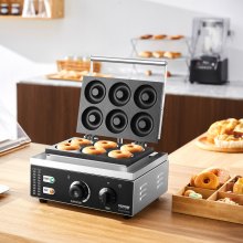 VEVOR Electric Donut Maker, 1550W Commercial Doughnut Machine with Non-stick Surface, 6 Holes Double-Sided Heating Waffle Machine Makes 6 Doughnuts, Temperature 50-300℃, for Restaurant and Home Use
