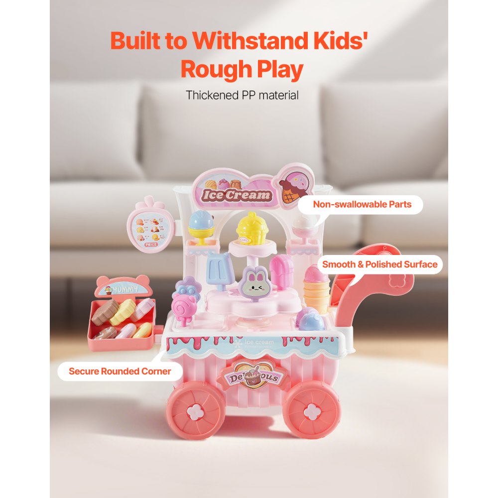 VEVOR Ice Cream Cart for Kids, 27 PCS Accessories, Pretend Play Store with Storage Trolley with Pretend Money, Sound & Light Effects, Montessori Educational Ice Cream Truck Toys for Toddlers 3+ (Pink)