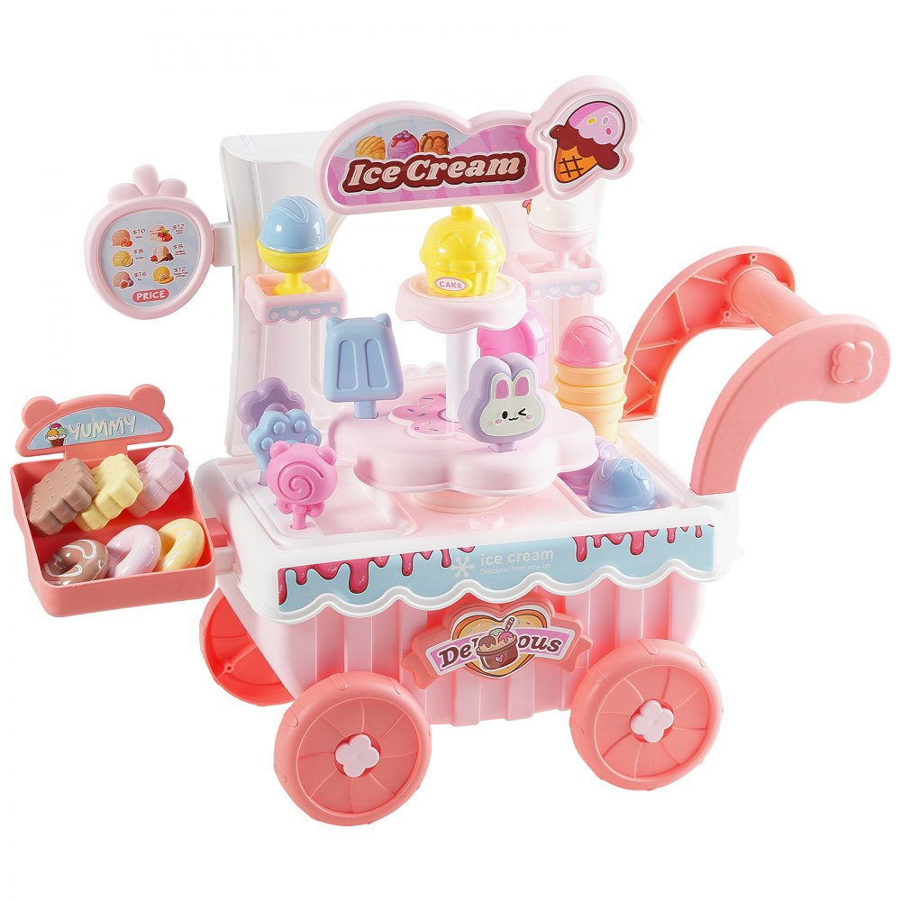 VEVOR Ice Cream Cart for Kids, 27 PCS Accessories, Pretend Play Store with Storage Trolley with Pretend Money, Sound & Light Effects, Montessori Educational Ice Cream Truck Toys for Toddlers 3+ (Pink)