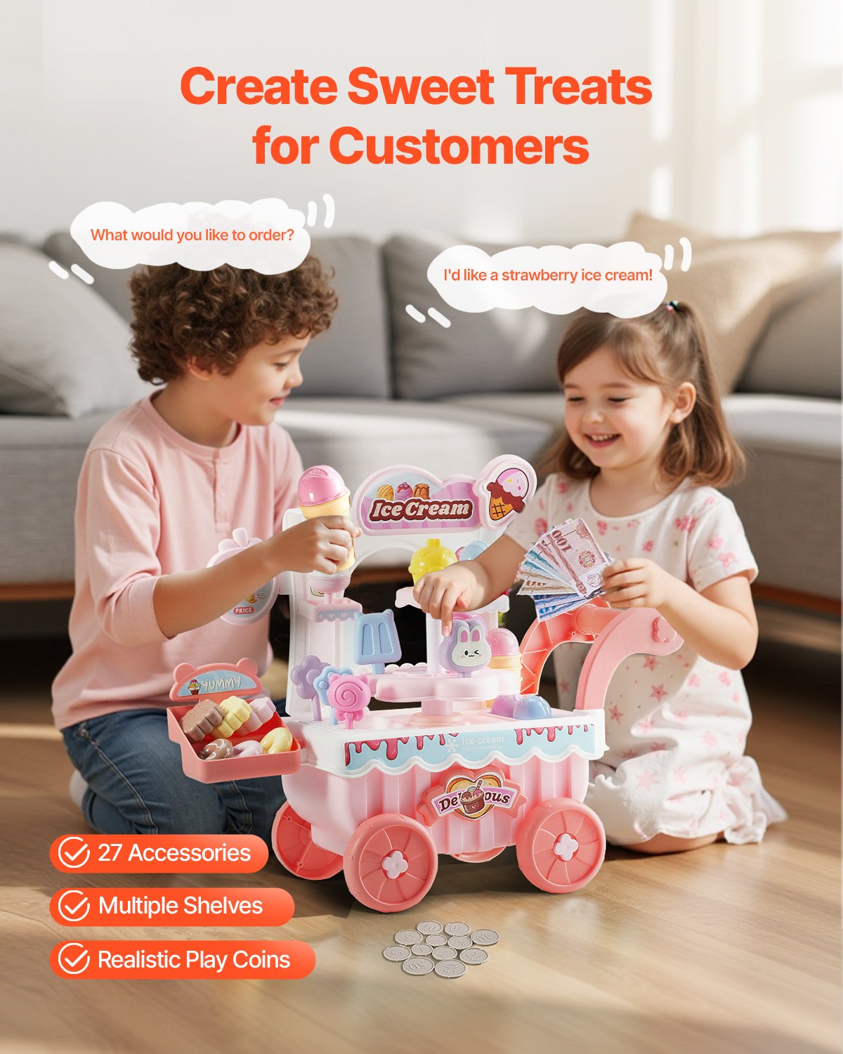 VEVOR Ice Cream Cart for Kids, 27 PCS Accessories, Pretend Play Store with Storage Trolley with Pretend Money, Sound & Light Effects, Montessori Educational Ice Cream Truck Toys for Toddlers 3+ (Pink)