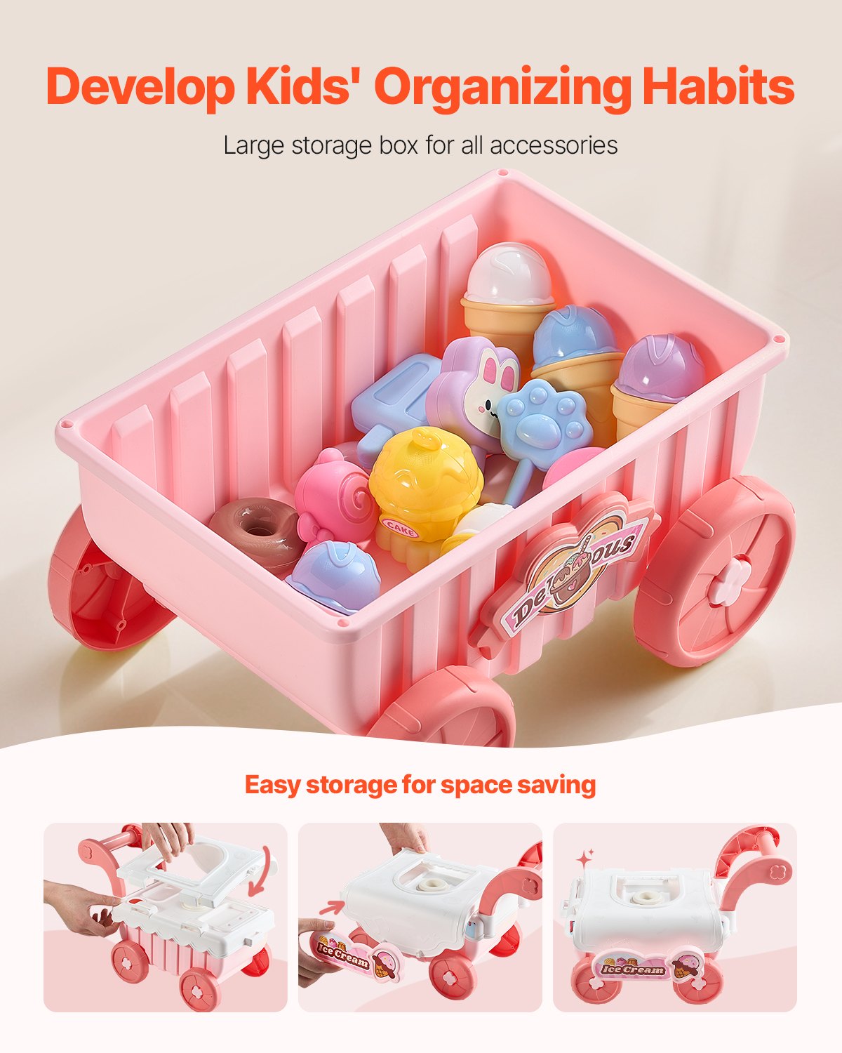 VEVOR Ice Cream Cart for Kids, 27 PCS Accessories, Pretend Play Store with Storage Trolley with Pretend Money, Sound & Light Effects, Montessori Educational Ice Cream Truck Toys for Toddlers 3+ (Pink)