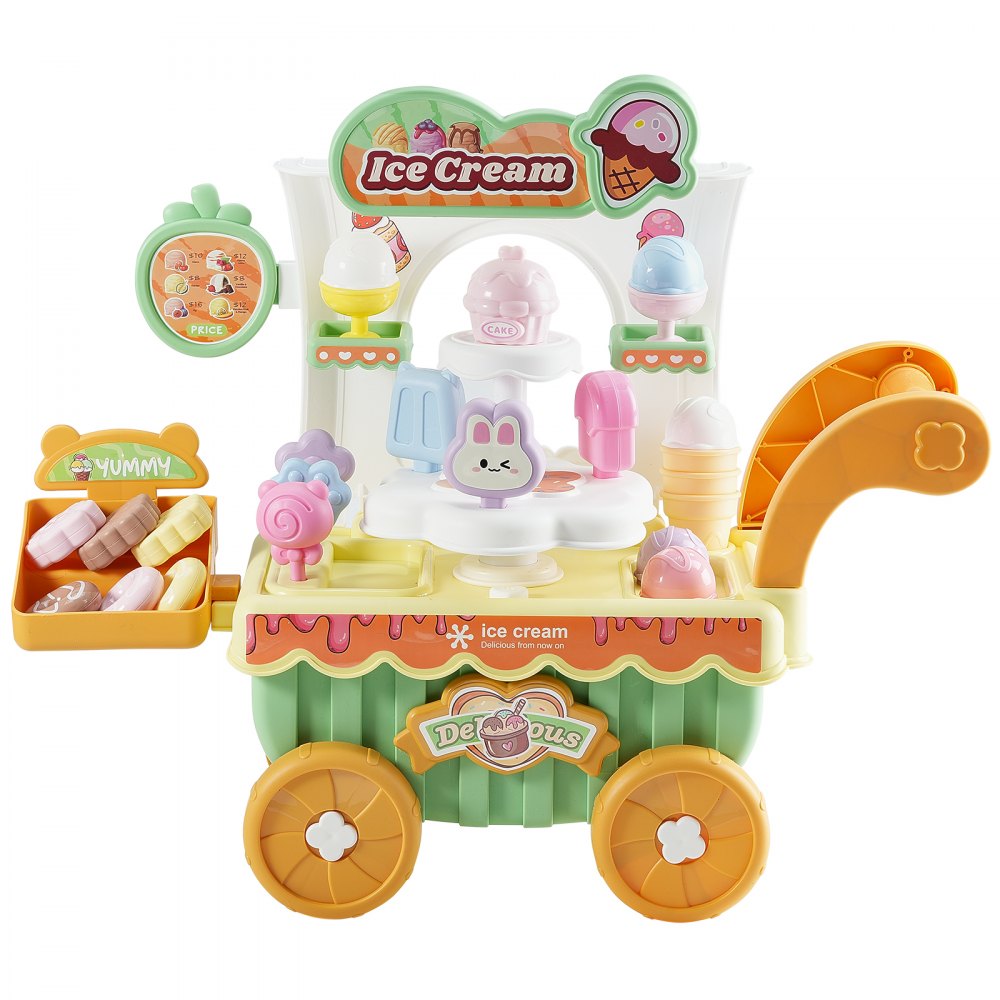 VEVOR Ice Cream Cart for Kids, 27 PCS Accessories, Pretend Play Store with Storage Trolley with Pretend Money, Sound & Light Effects, Montessori Educational Ice Cream Truck Toys for Toddlers 3+