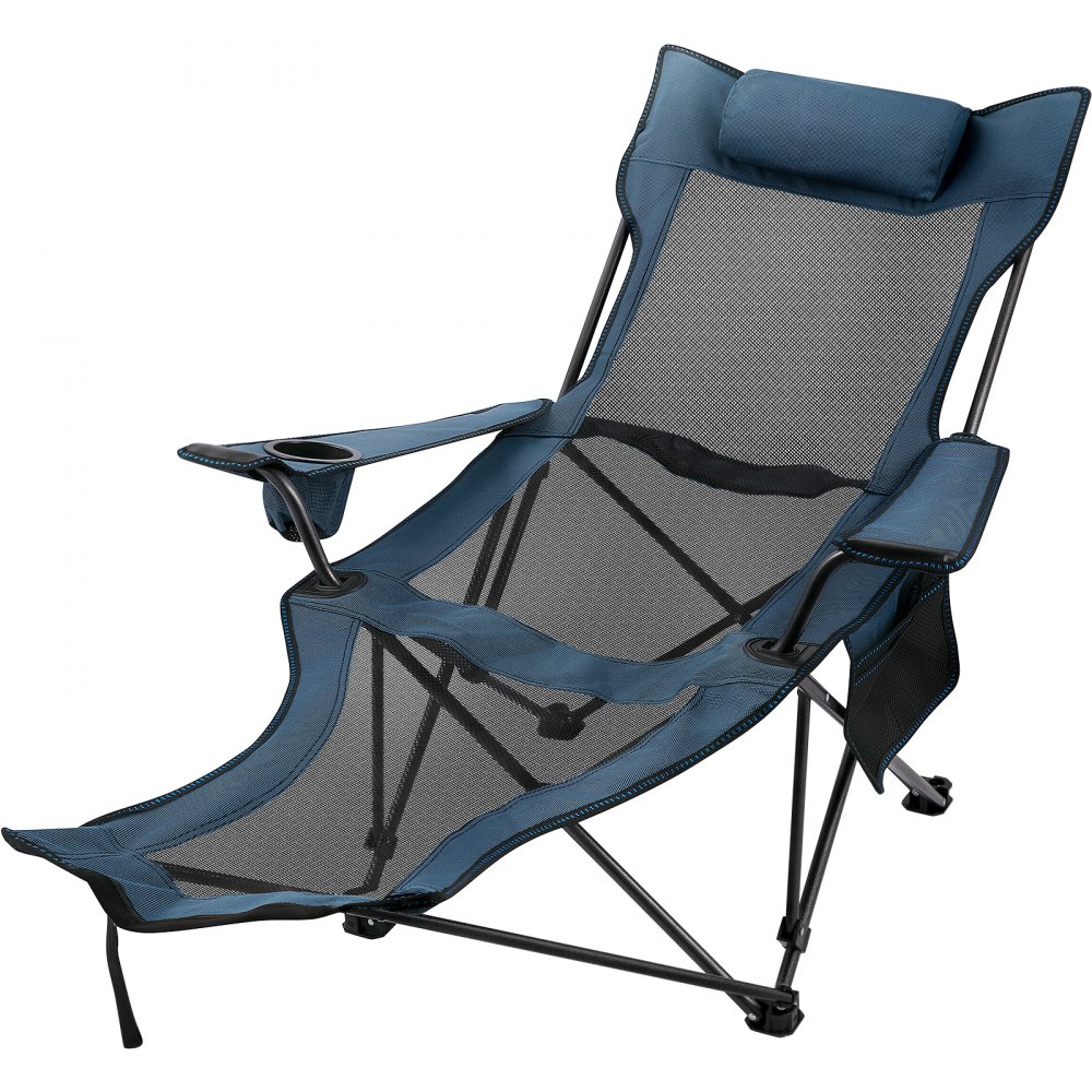 Cadeira de acampamento dobrável reclinável azul com espreguiçadeira de malha com apoio para os pés