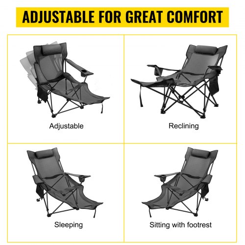 VEVOR Folding Camp Chair with Footrest Mesh, Portable Lounge Chair with Cup Holder and Storage Bag, for Camping Fishing and Other Outdoor Activities (Grey)