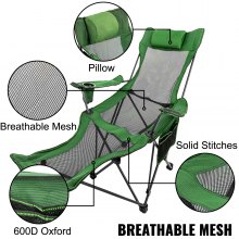 VEVOR Folding Camp Chair with Footrest Mesh, Lounge Chair with Cup Holder and Storage Bag, Reclining Folding Camp Chair for Camping Fishing and Other Outdoor Activities (Green)