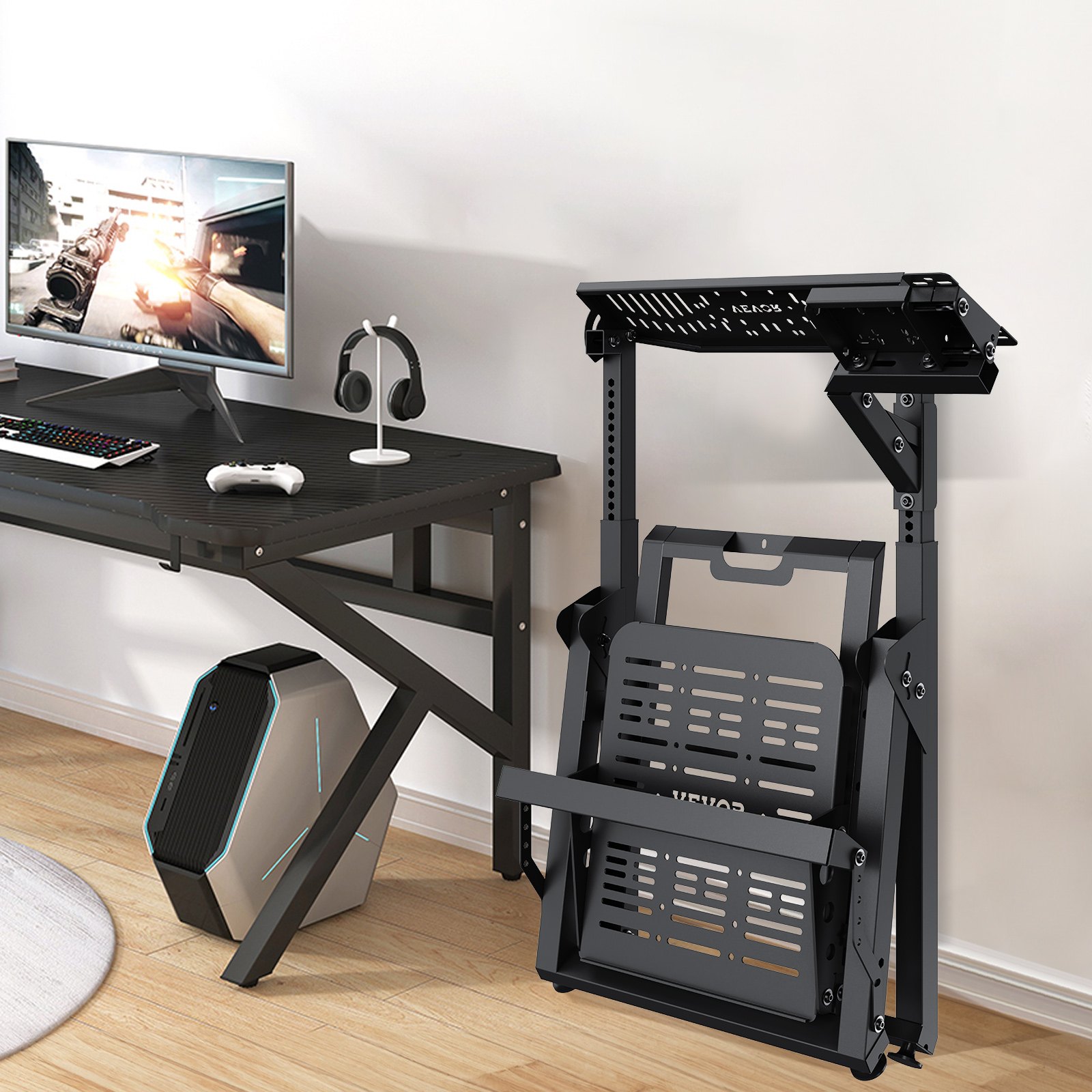 VEVOR Foldable Racing Steering Wheel Stand, Height Adjustable Universal Base Compatible with Logitech & Thrustmaster Racing Wheel and Pedal, Movable Wheels Heavy-duty Frame Standard GT/Formula Seating