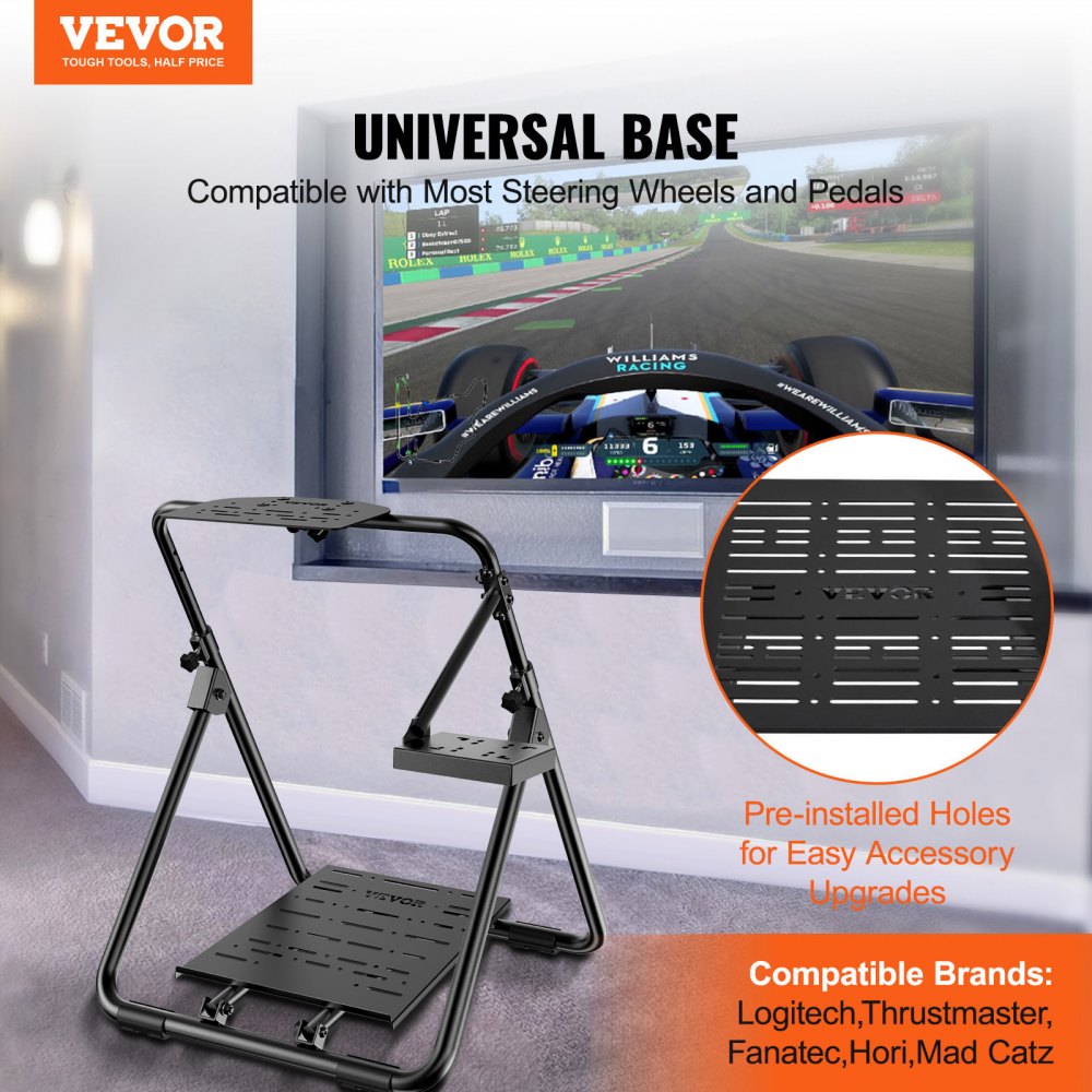 Suporte de volante de corrida dobrável VEVOR, base universal ajustável em altura compatível com volante e pedal de corrida Logitech e Thrustmaster, estrutura resistente, assento padrão GT/Fórmula portátil