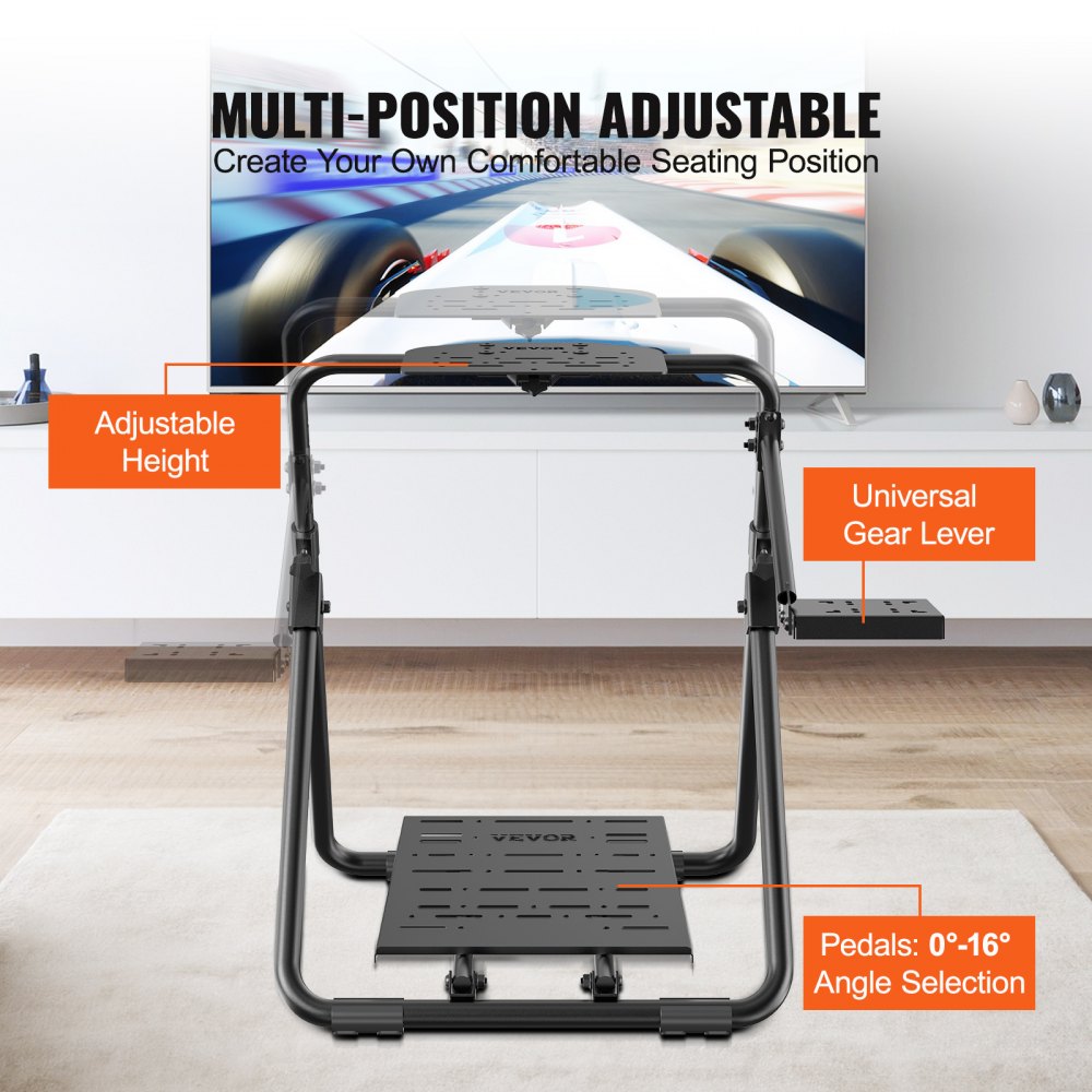 Suporte de volante de corrida dobrável VEVOR, base universal ajustável em altura compatível com volante e pedal de corrida Logitech e Thrustmaster, estrutura resistente, assento padrão GT/Fórmula portátil
