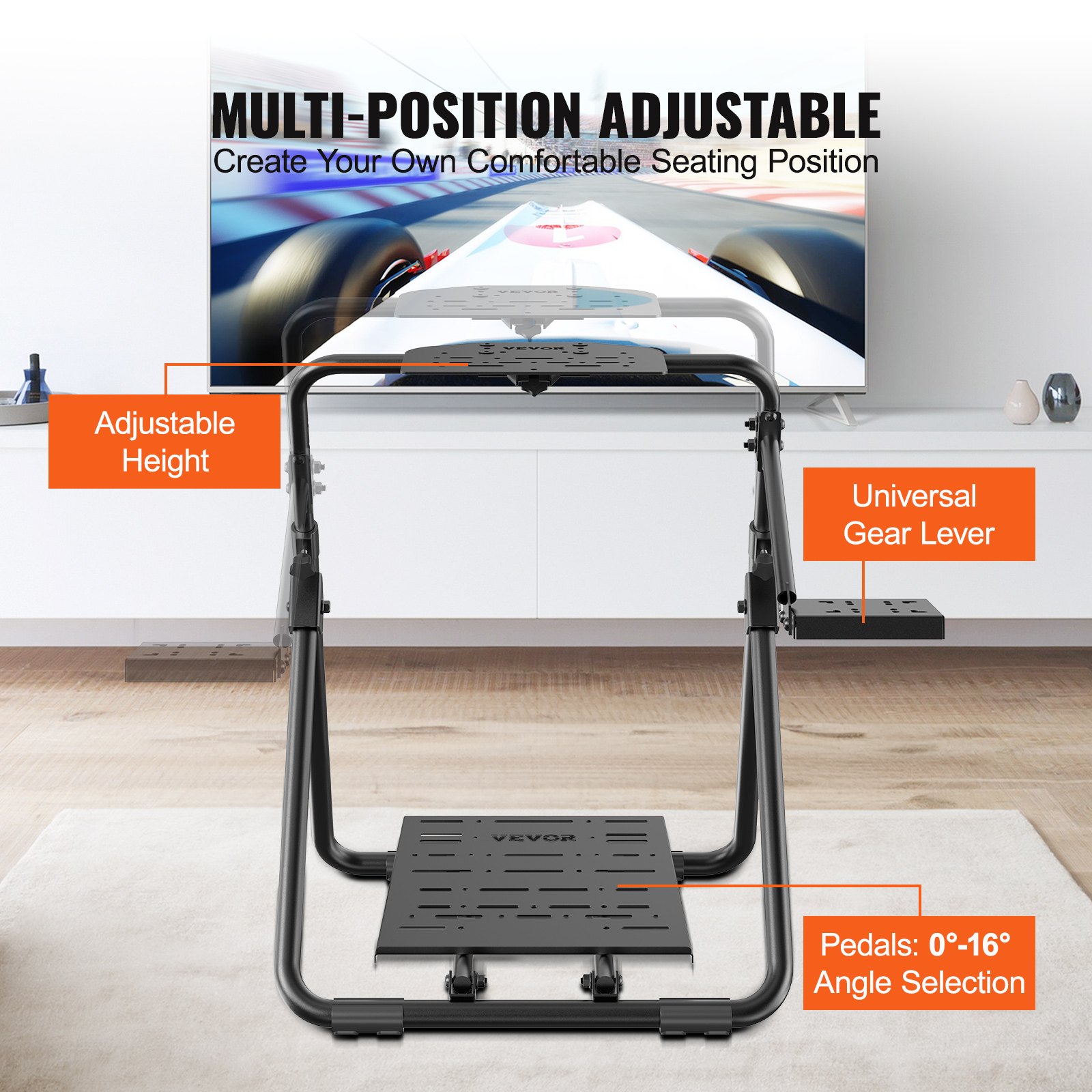 Suporte de volante de corrida dobrável VEVOR, base universal ajustável em altura compatível com volante e pedal de corrida Logitech e Thrustmaster, estrutura resistente, assento padrão GT/Fórmula portátil