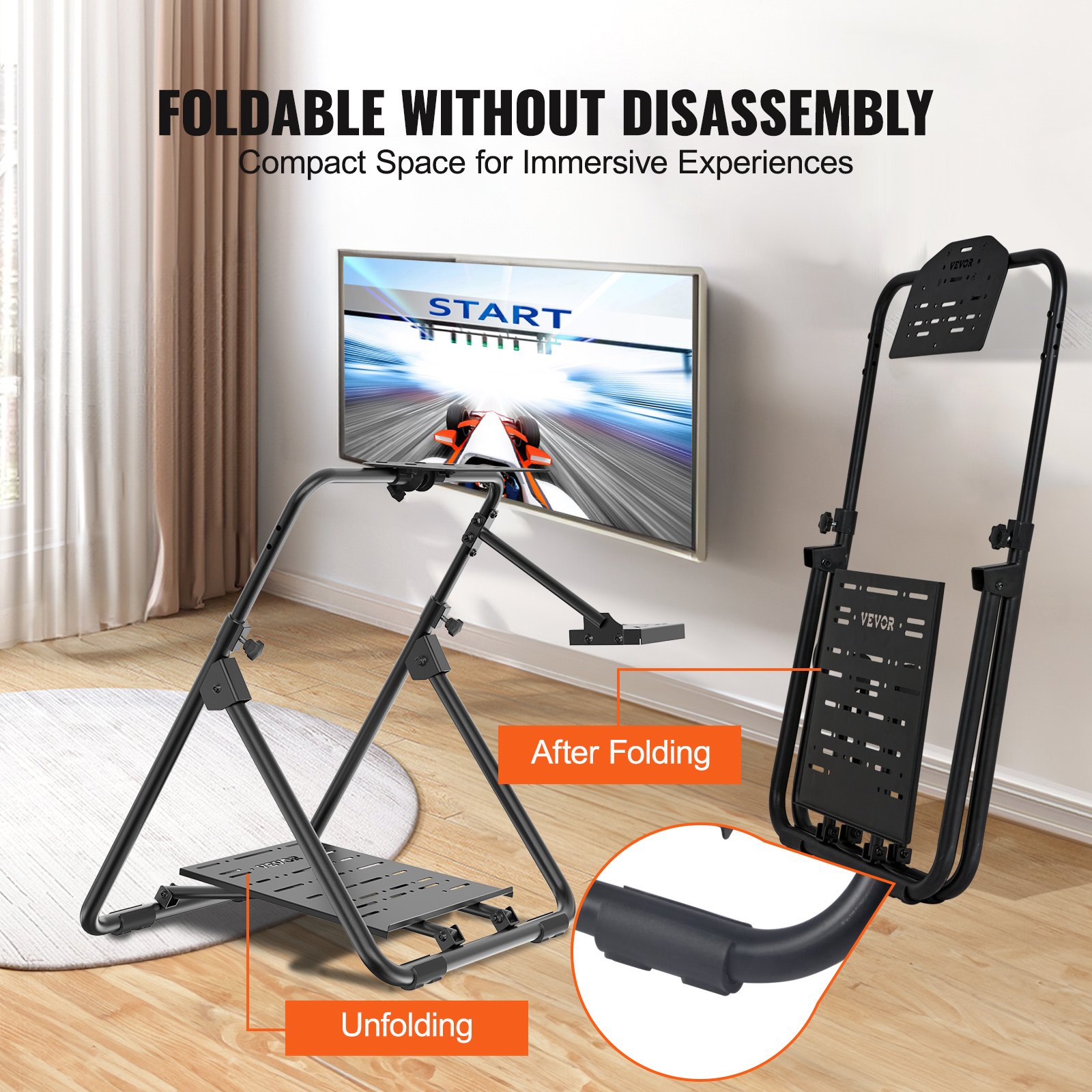 Suporte de volante de corrida dobrável VEVOR, base universal ajustável em altura compatível com volante e pedal de corrida Logitech e Thrustmaster, estrutura resistente, assento padrão GT/Fórmula portátil