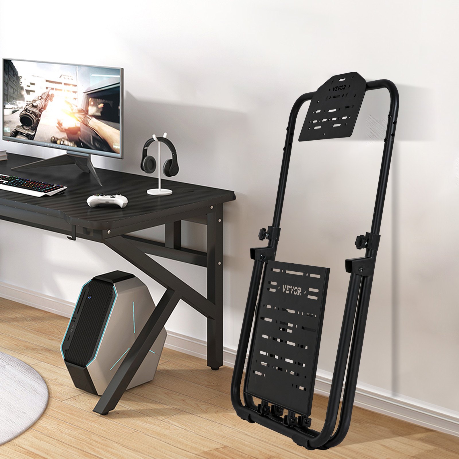 Suporte de volante de corrida dobrável VEVOR, base universal ajustável em altura compatível com volante e pedal de corrida Logitech e Thrustmaster, estrutura resistente, assento padrão GT/Fórmula portátil