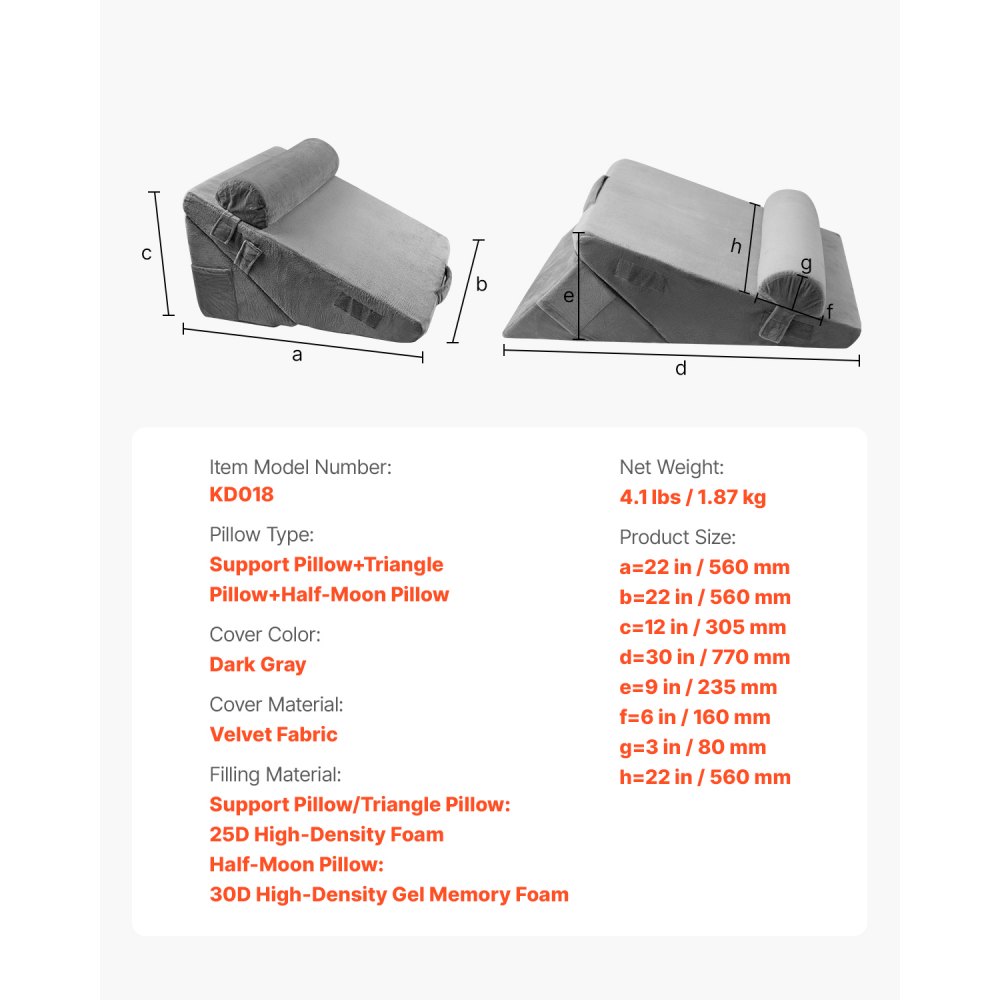 VEVOR Bed Wedge Pillow for Sleeping, 3 Pcs Adjustable Orthopedic Bed Wedge Set, with Washable Cover & Foam Support, Post Surgery Pillow for Acid Reflux, Back Pain, Snoring Relief & GERD, Dark Grey