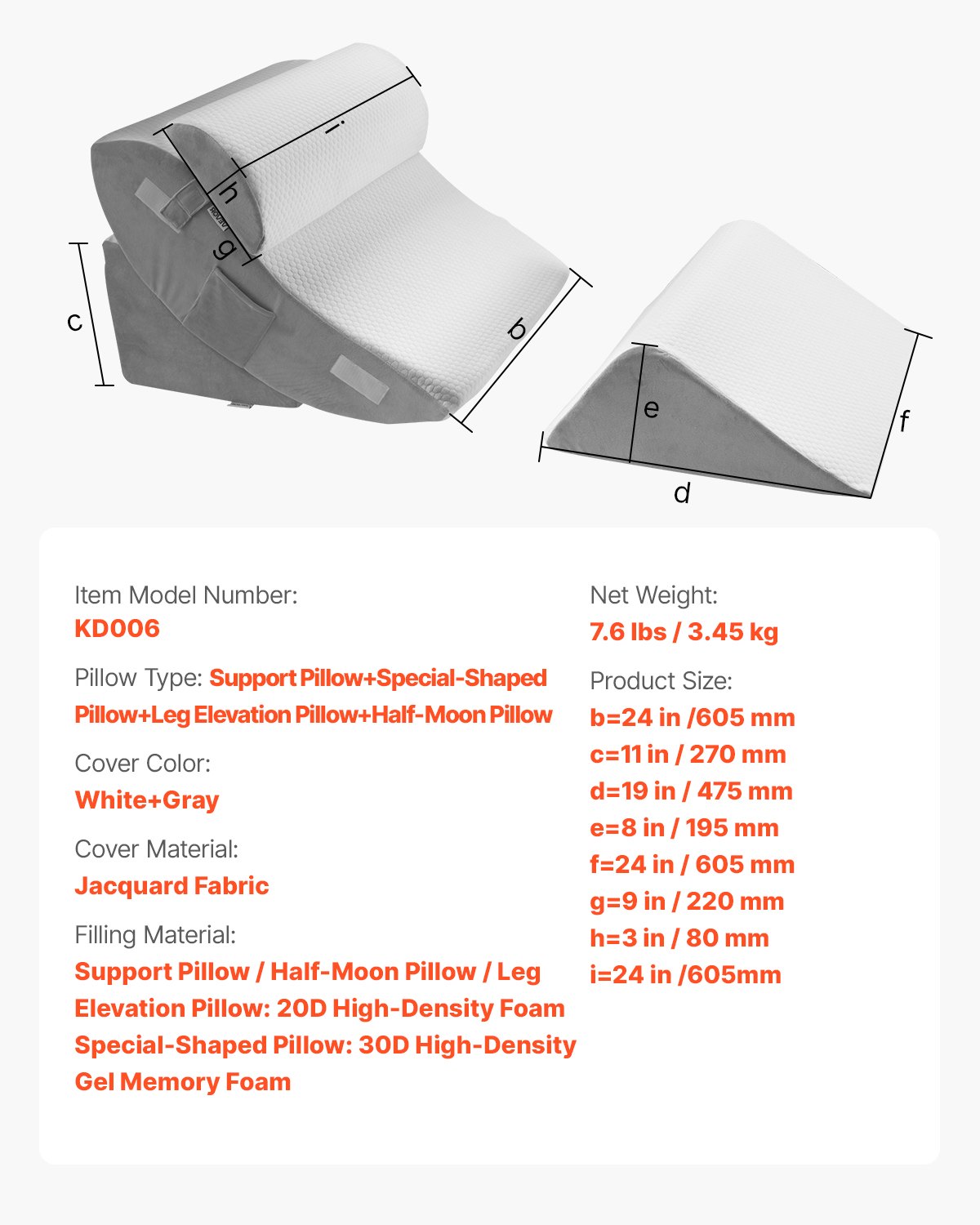 VEVOR Wedge Pillow for Sleeping, 4 Pcs Adjustable Orthopedic Bed Wedge Set, Support Leg Neck Shoulder, Post Surgery Pillow for Back Pain, Acid Reflux, Snoring Relief, Sitting up in Bed, White/Grey