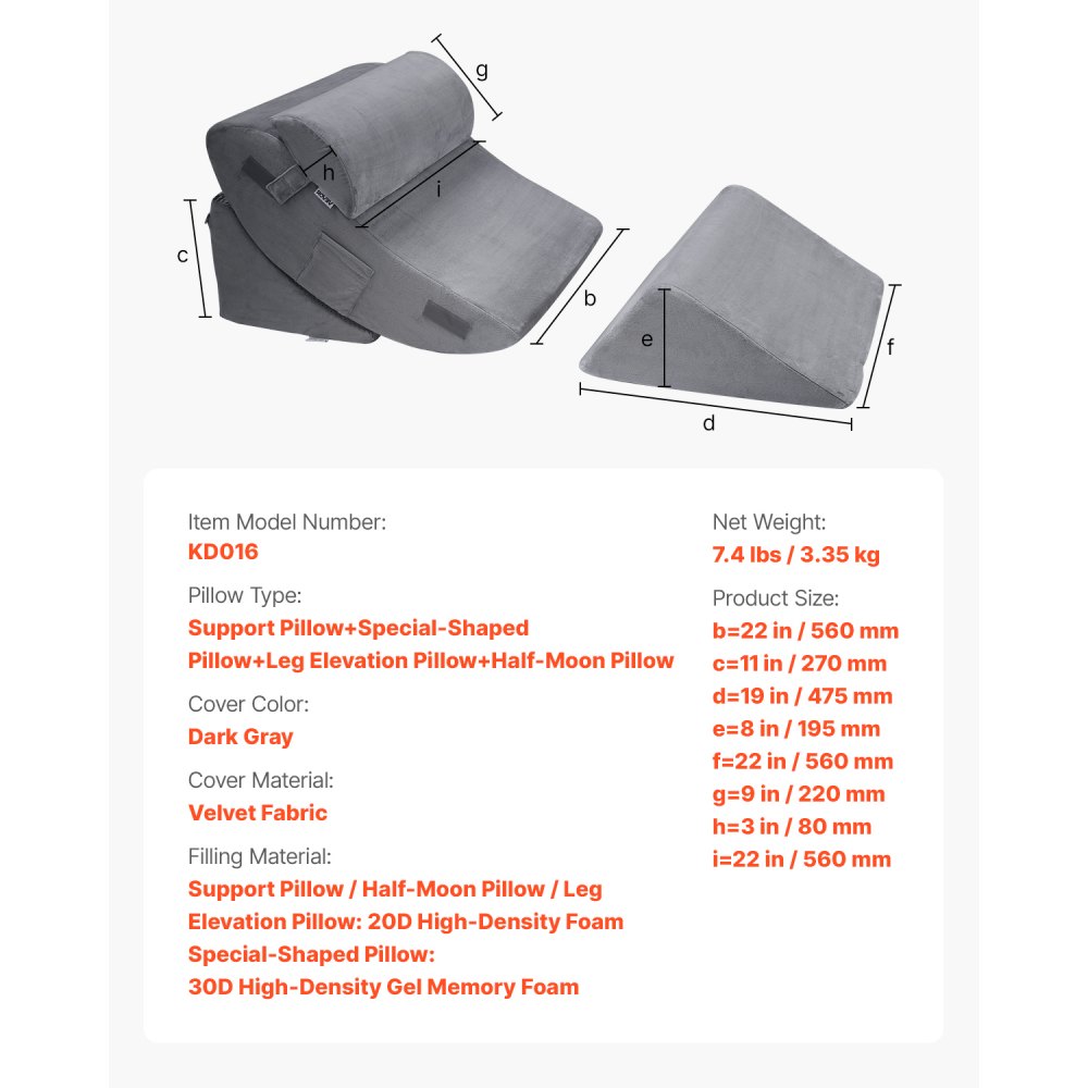 VEVOR Wedge Pillow for Sleeping, 4 Pcs Adjustable Orthopedic Bed Wedge Set, Support Leg Neck Shoulder, Post Surgery Pillow for Back Pain, Acid Reflux, Snoring Relief, Sitting up in Bed, Dark Grey