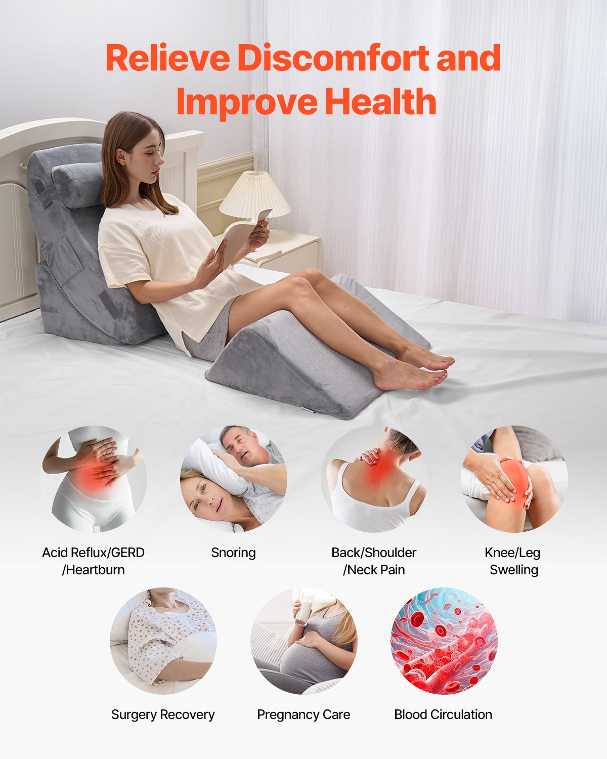 VEVOR Wedge Pillow for Sleeping, 4 Pcs Adjustable Orthopedic Bed Wedge Set, Support Leg Neck Shoulder, Post Surgery Pillow for Back Pain, Acid Reflux, Snoring Relief, Sitting up in Bed, Dark Grey