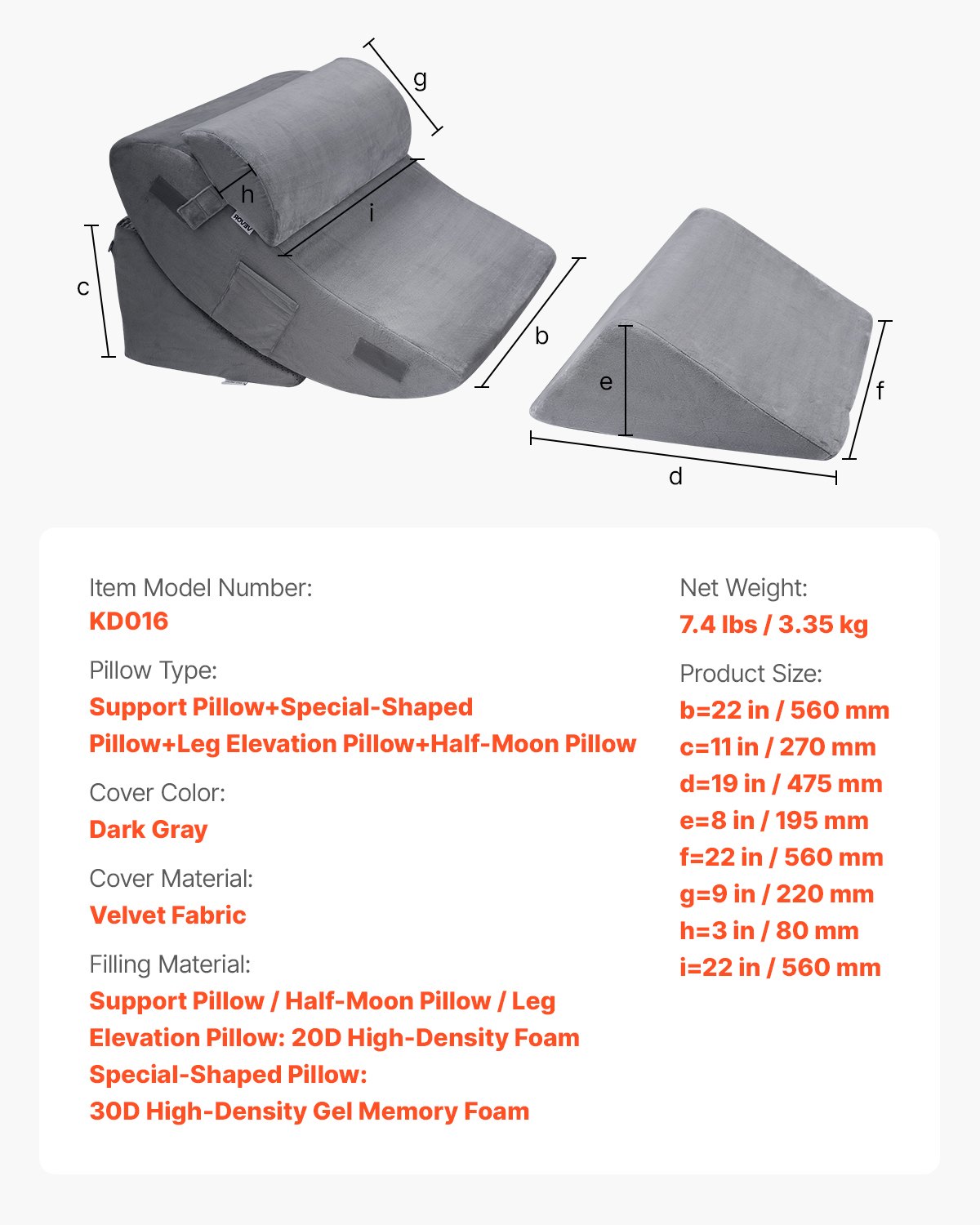 VEVOR Wedge Pillow for Sleeping, 4 Pcs Adjustable Orthopedic Bed Wedge Set, Support Leg Neck Shoulder, Post Surgery Pillow for Back Pain, Acid Reflux, Snoring Relief, Sitting up in Bed, Dark Grey