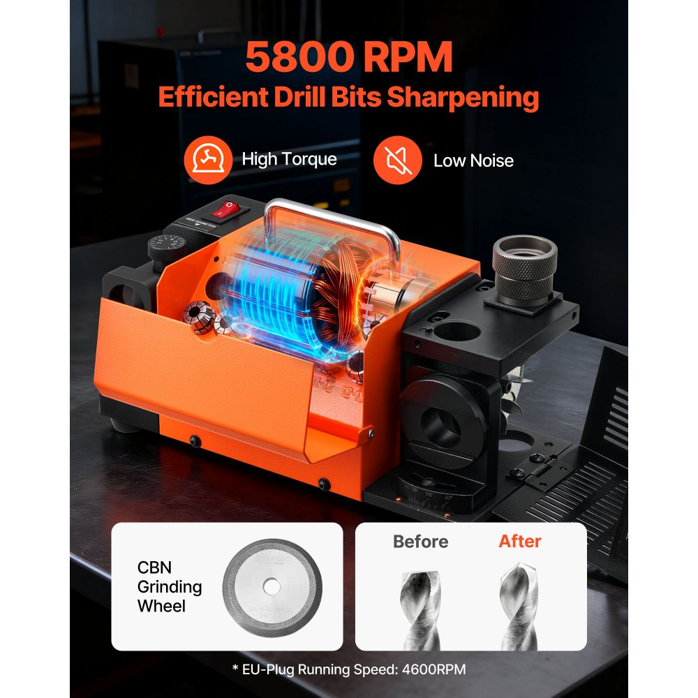 VEVOR Drill Bits Sharpener MR-13D, 3–13mm Professional Drill Bit Grinder with Adjustable Lip Relief Angle, Front Cutting Lip & 95°-135° Point Angle, 4600RPM Re-Sharpener with 11 Collets & CBN Wheel