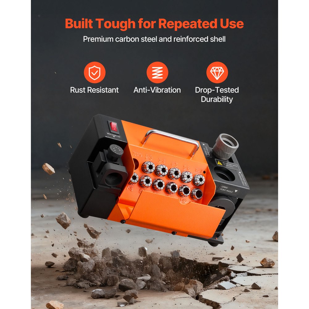 VEVOR Drill Bits Sharpener MR-13D, 3–13mm Professional Drill Bit Grinder with Adjustable Lip Relief Angle, Front Cutting Lip & 95°-135° Point Angle, 4600RPM Re-Sharpener with 11 Collets & CBN Wheel