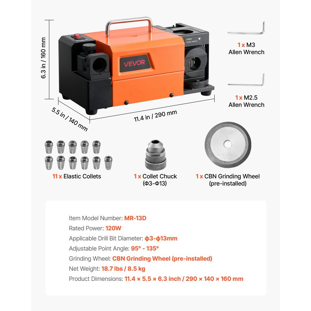 VEVOR Drill Bits Sharpener MR-13D, 3–13mm Professional Drill Bit Grinder with Adjustable Lip Relief Angle, Front Cutting Lip & 95°-135° Point Angle, 4600RPM Re-Sharpener with 11 Collets & CBN Wheel