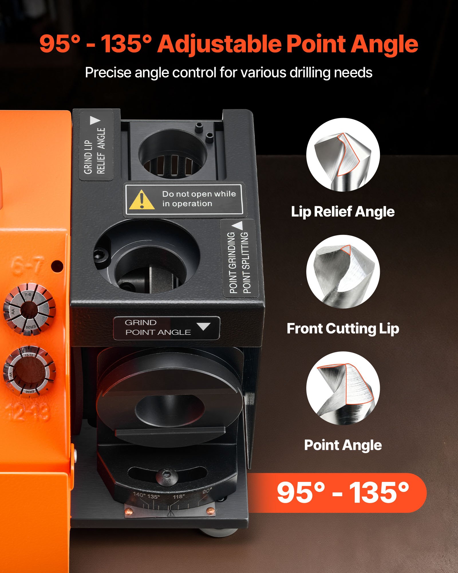 VEVOR Drill Bits Sharpener MR-13D, 3–13mm Professional Drill Bit Grinder with Adjustable Lip Relief Angle, Front Cutting Lip & 95°-135° Point Angle, 4600RPM Re-Sharpener with 11 Collets & CBN Wheel