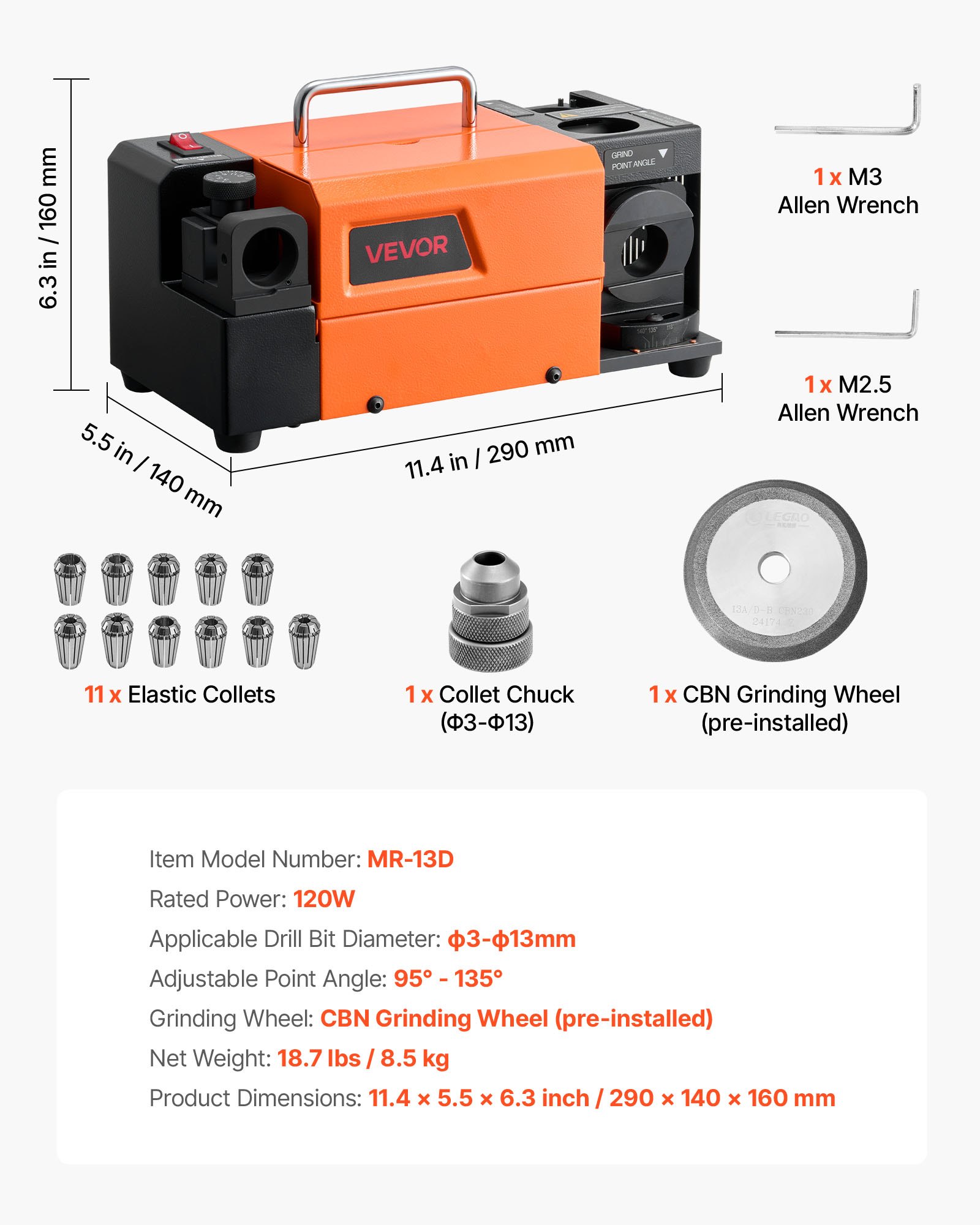VEVOR Drill Bits Sharpener MR-13D, 3–13mm Professional Drill Bit Grinder with Adjustable Lip Relief Angle, Front Cutting Lip & 95°-135° Point Angle, 4600RPM Re-Sharpener with 11 Collets & CBN Wheel