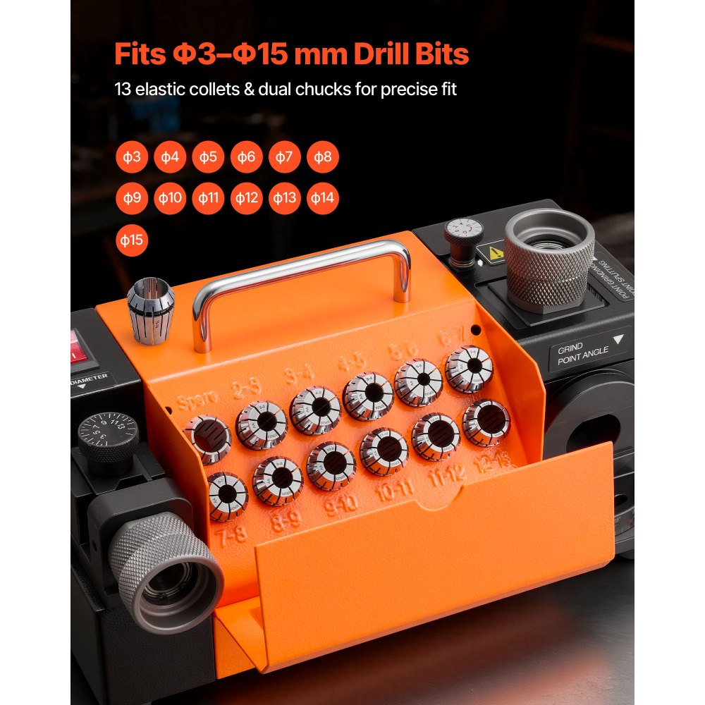 Afilador de brocas VEVOR MR-13B+, afilador de brocas de 3-15 mm con ángulo de alivio de labio ajustable y ángulo de punta de 95°-135°, reafilador de alta velocidad de 5800 RPM con 13 pinzas y ruedas CBN y SDC.