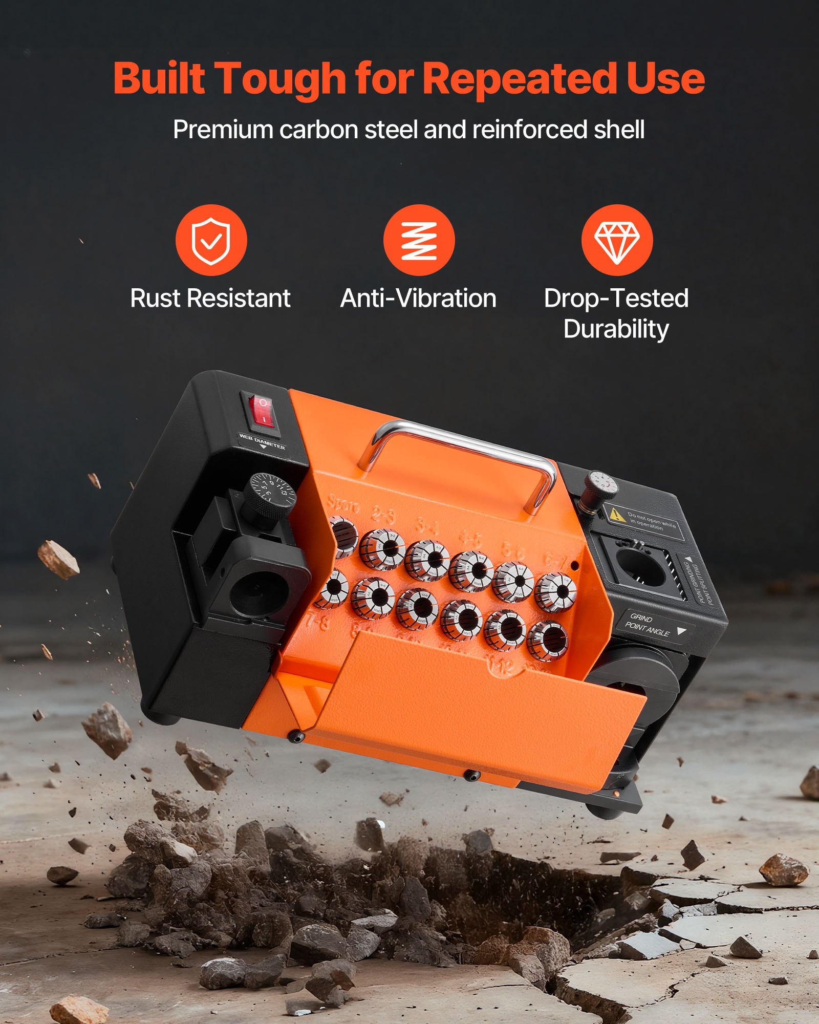 VEVOR Drill Bits Sharpener MR-13B, 3-15mm Drill Bit Grinder Sharpener with Adjustable Lip Relief Angle & 95°-135° Point Angle, 4600RPM High Speed Re-Sharpener with 13 Collets, CBN & SDC Wheels