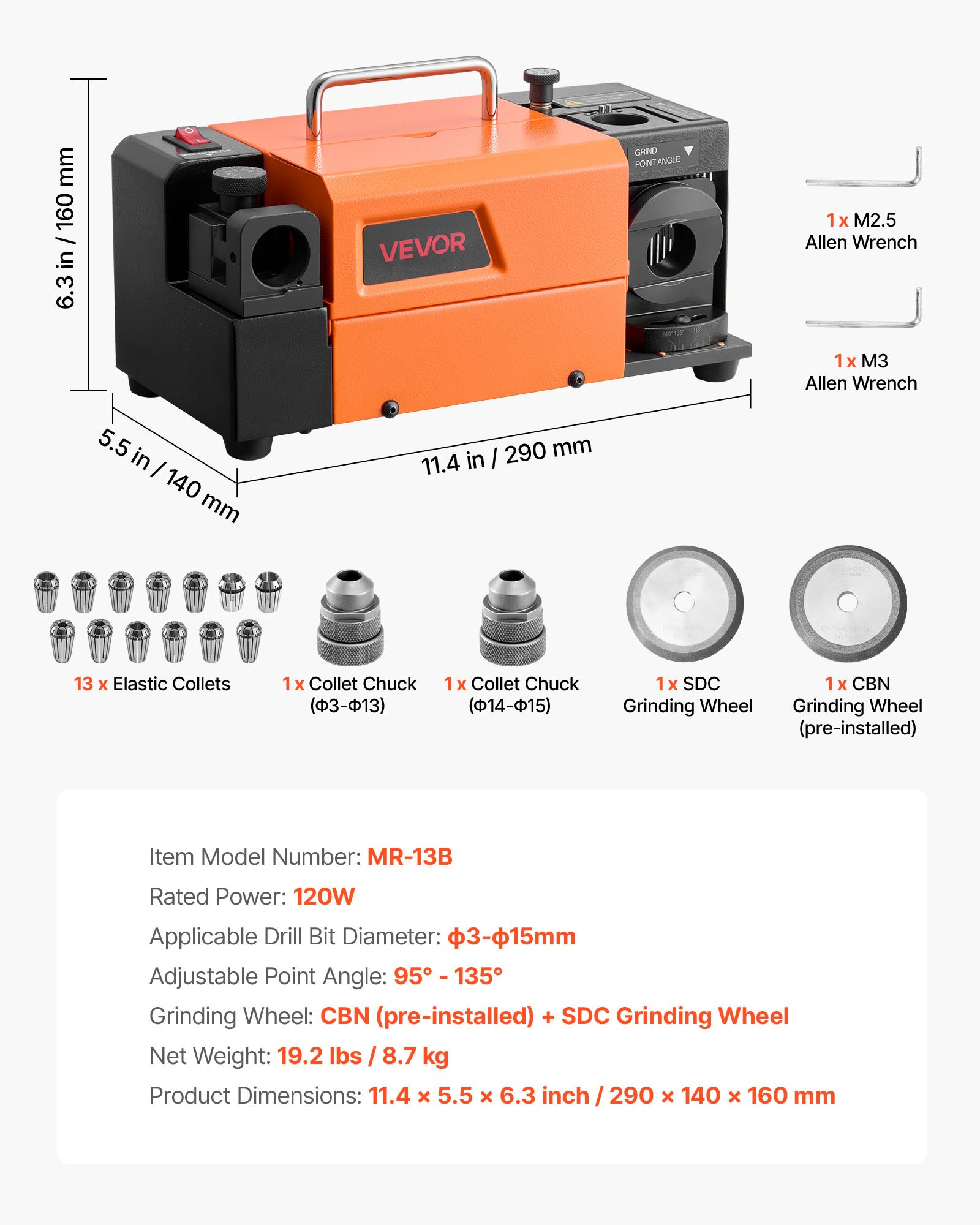 VEVOR Drill Bits Sharpener MR-13B, 3-15mm Drill Bit Grinder Sharpener with Adjustable Lip Relief Angle & 95°-135° Point Angle, 4600RPM High Speed Re-Sharpener with 13 Collets, CBN & SDC Wheels