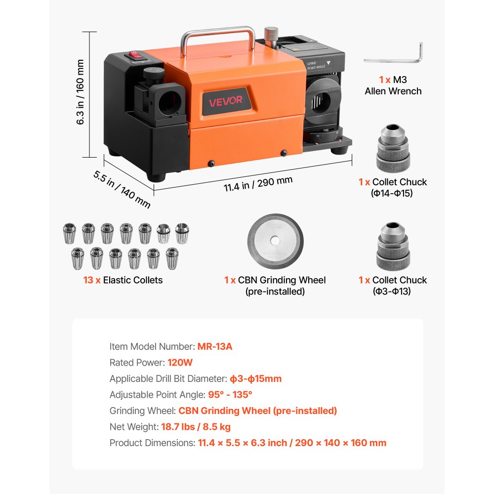 VEVOR Drill Bits Sharpener MR-13A, 3-15mm Drill Bit Grinder Sharpener with 95°-135° Adjustable Point Angle, 4600RPM High Speed Re-Sharpening Machine with 13 Collets & CBN Wheel for Workshops Garages